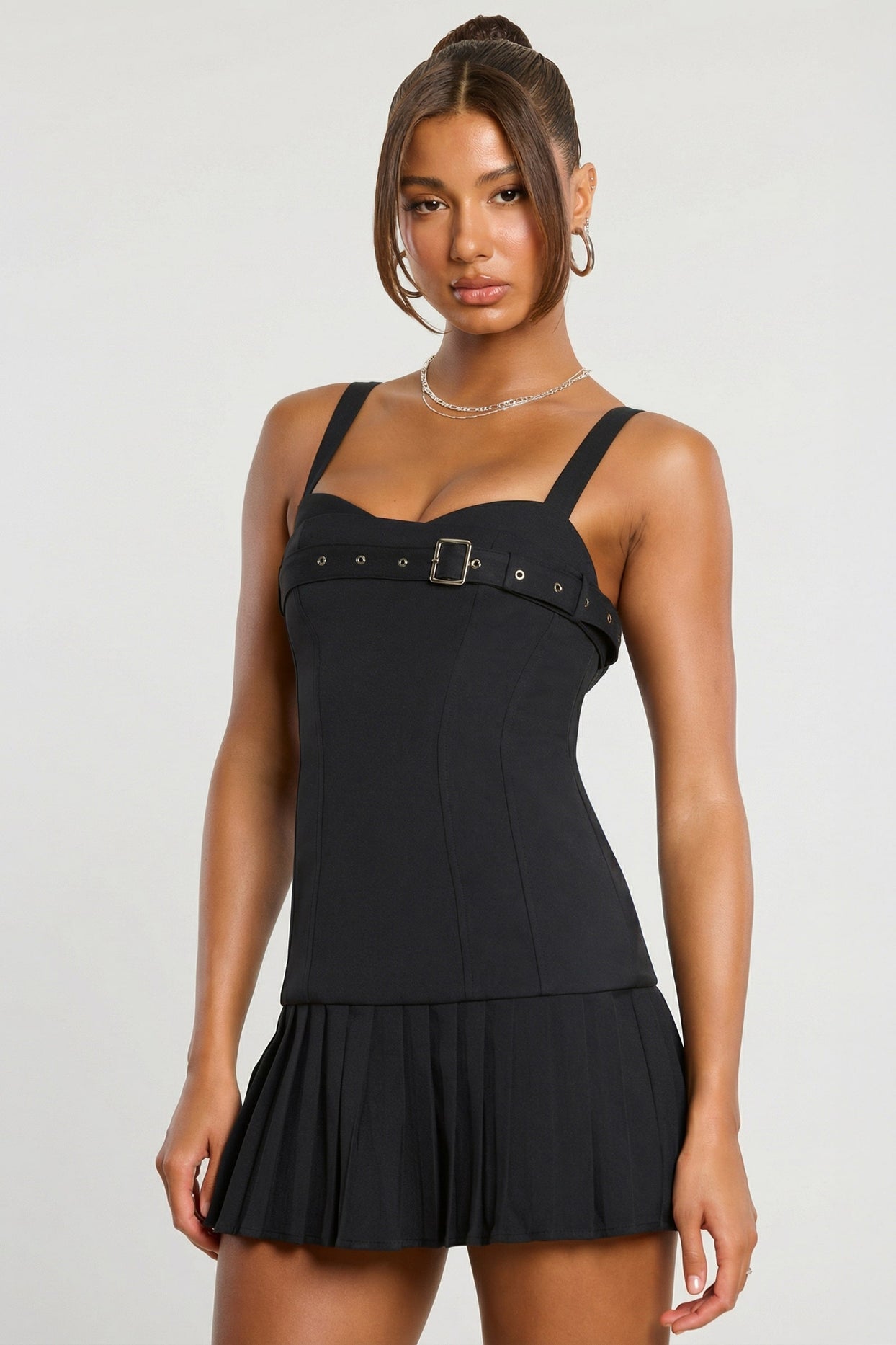 Brushed Twill Drop Waist Kilt Mini Dress in Black - 5