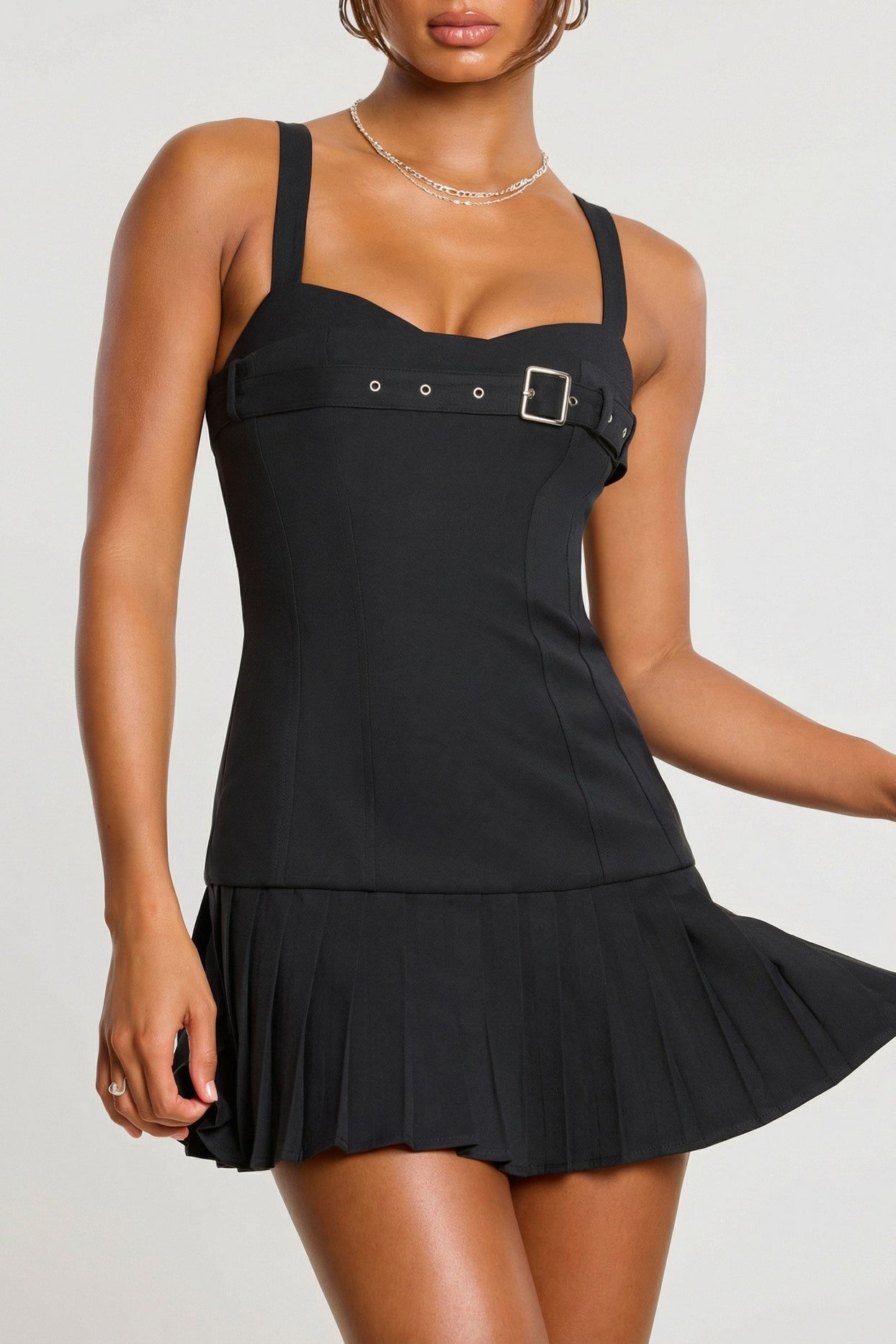 Brushed Twill Drop Waist Kilt Mini Dress in Black - 6