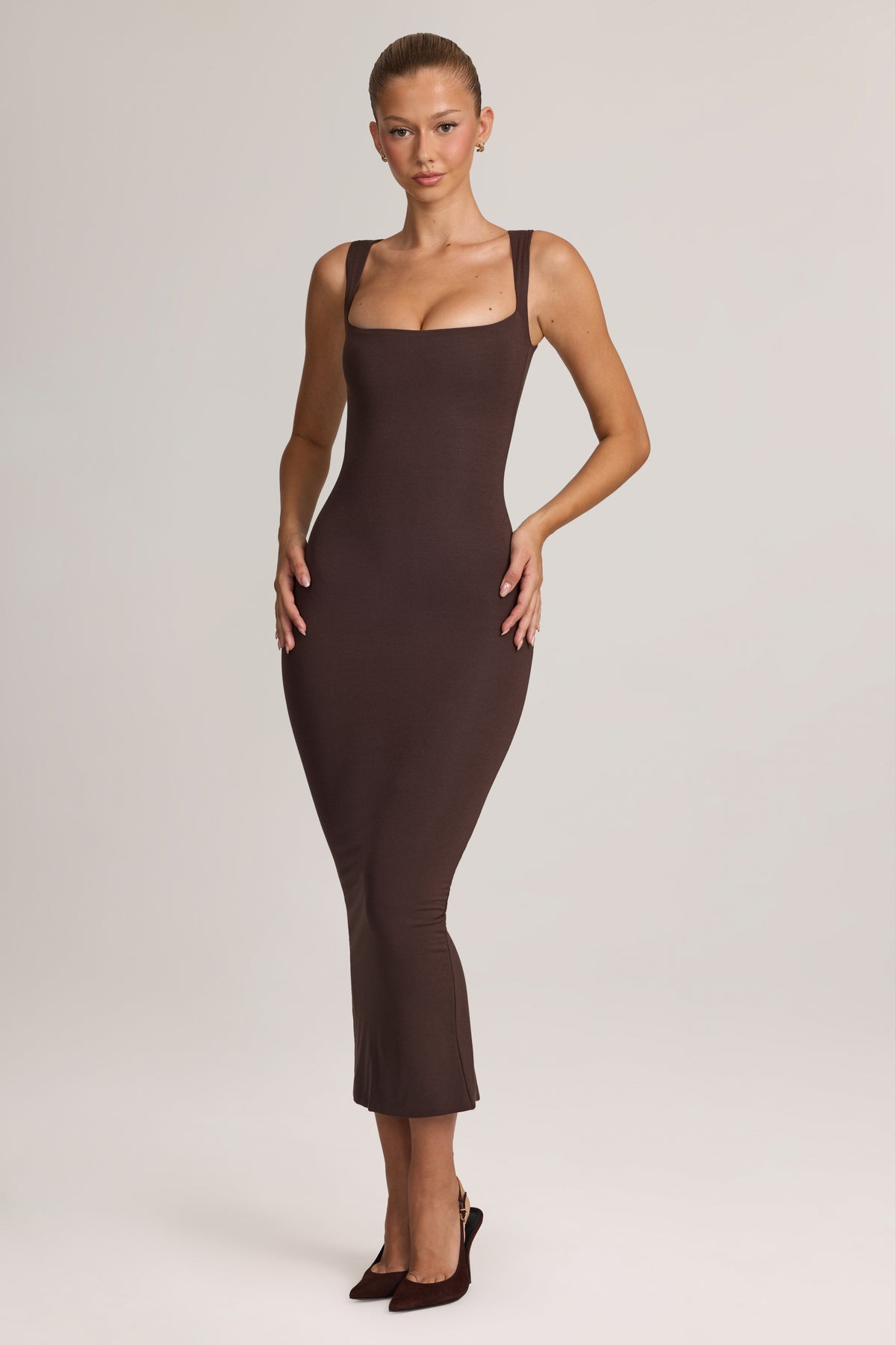 Square Neck Midi Dress in Chocolate Brown