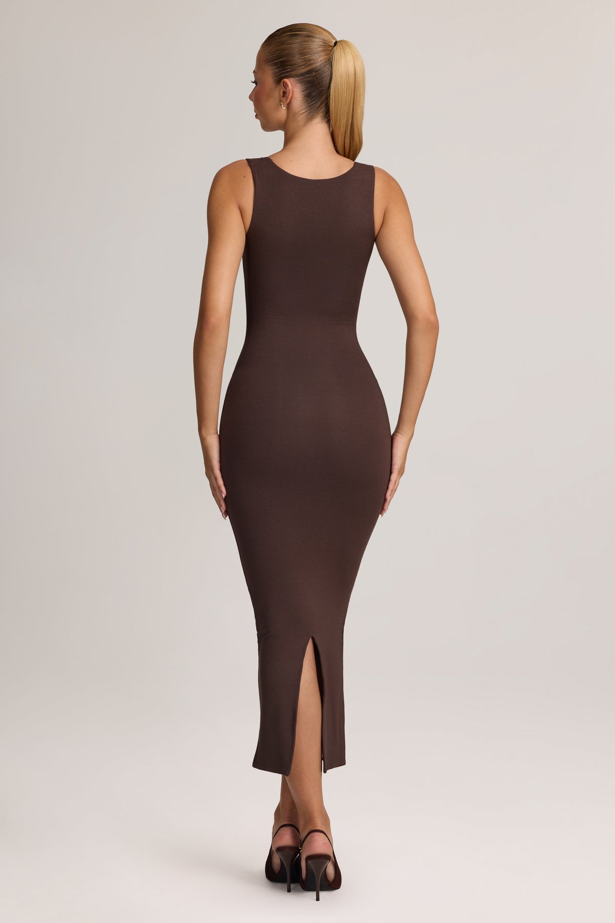 Square Neck Midi Dress in Chocolate Brown