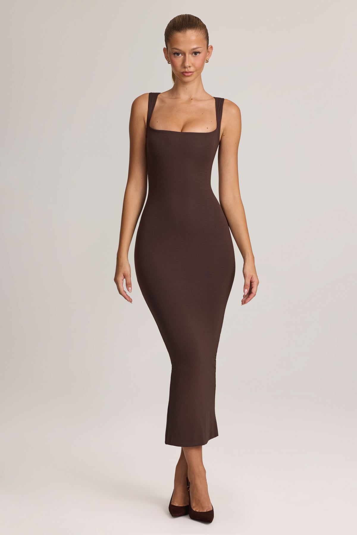 Square Neck Midi Dress in Chocolate Brown