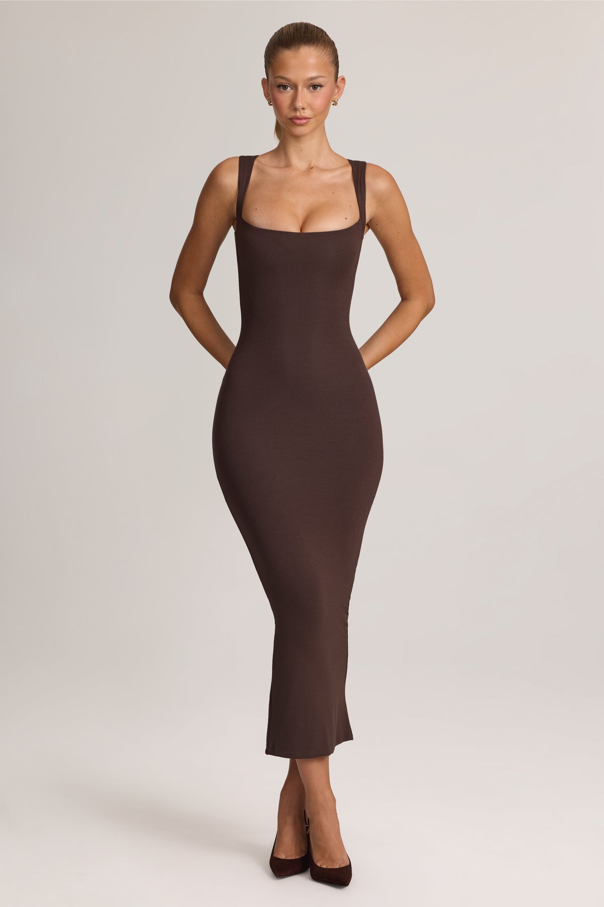 Square Neck Midi Dress in Chocolate Brown