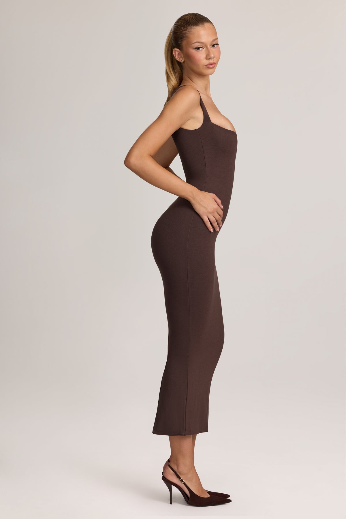 Square Neck Midi Dress in Chocolate Brown