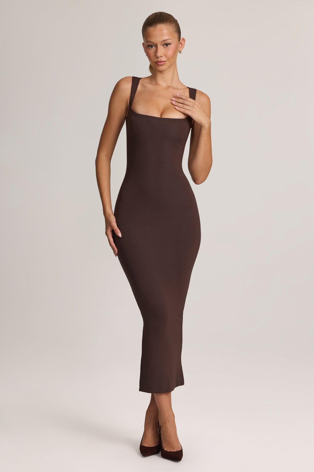 Square Neck Midi Dress in Chocolate Brown