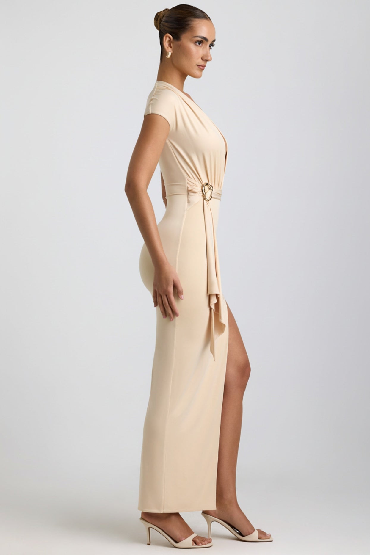 Slinky Jersey Plunge Hardware Detail Maxi Dress in Buttercream - 3
