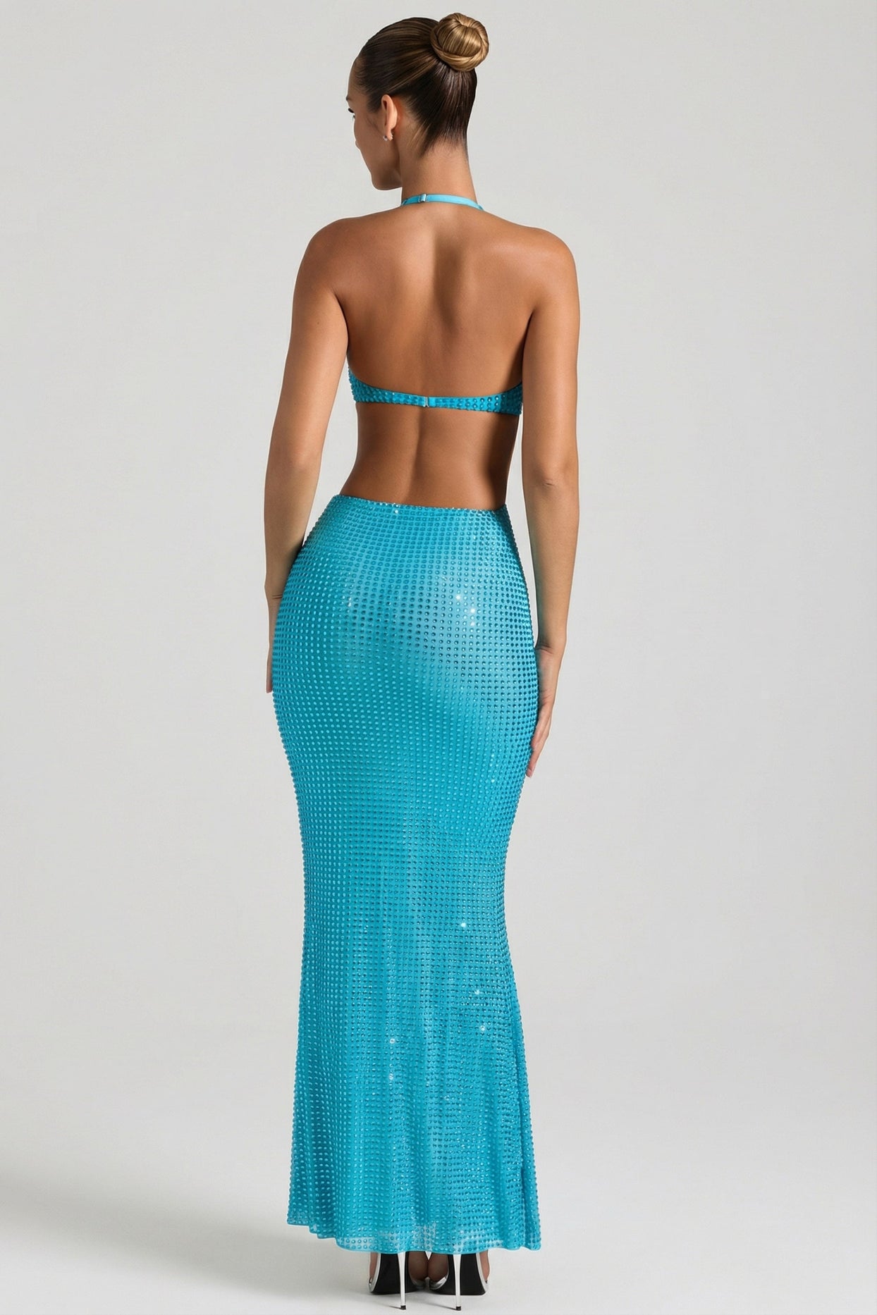 Embellished Cut-Out Halterneck Maxi Dress in Aqua Blue - 2