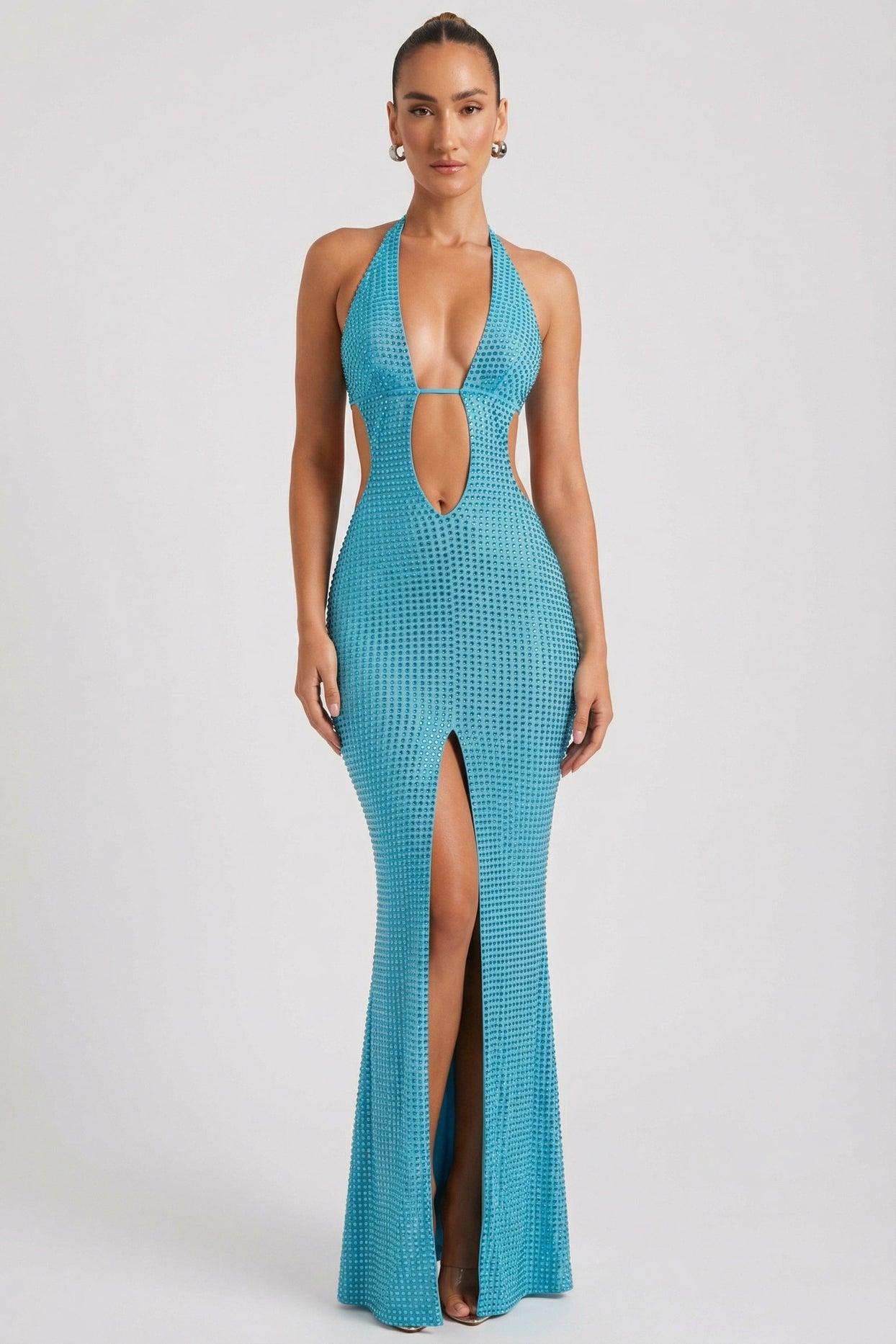 Embellished Cut-Out Halterneck Maxi Dress in Aqua Blue - 7