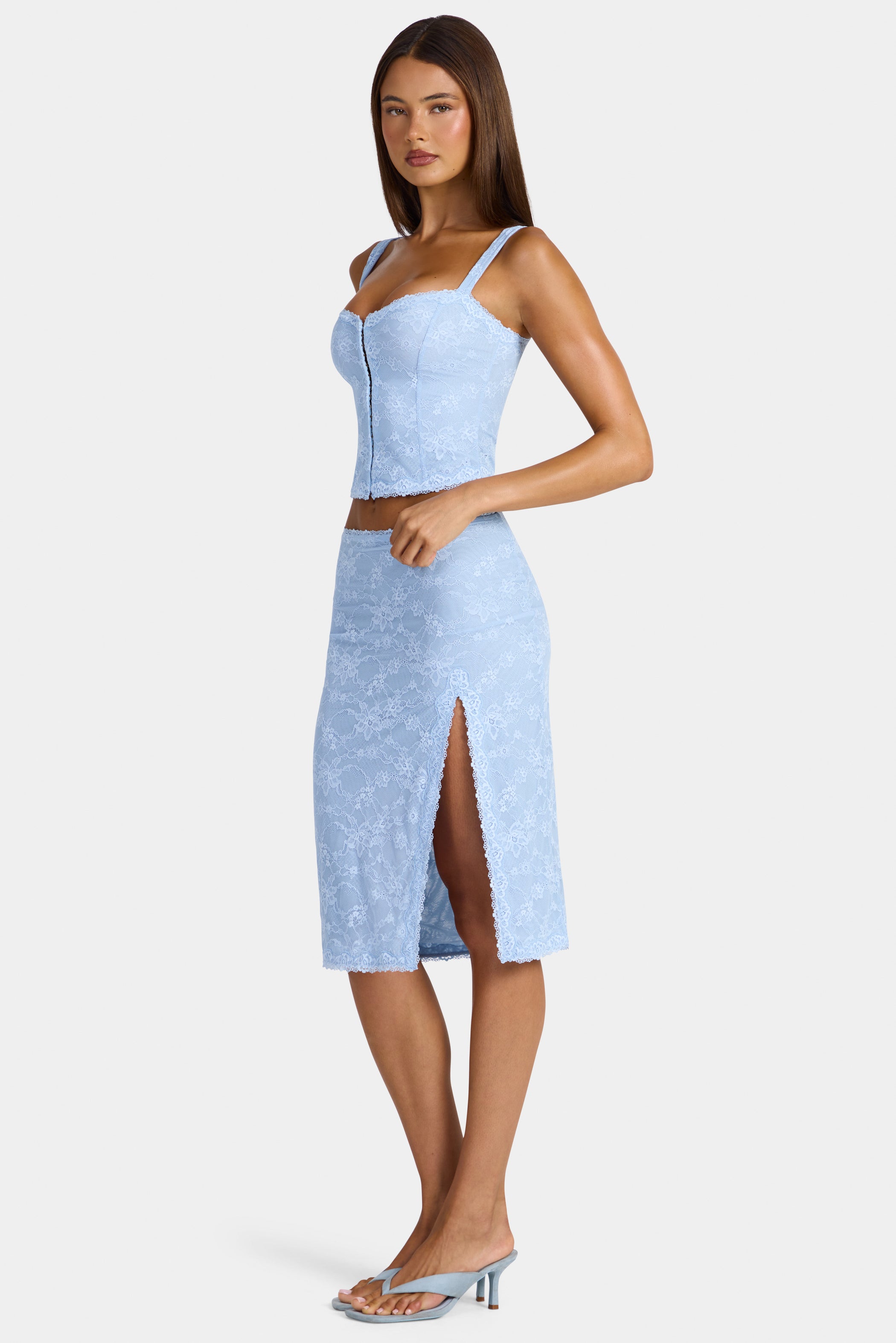 Lace Low-Rise Midi Skirt in Arctic Blue
