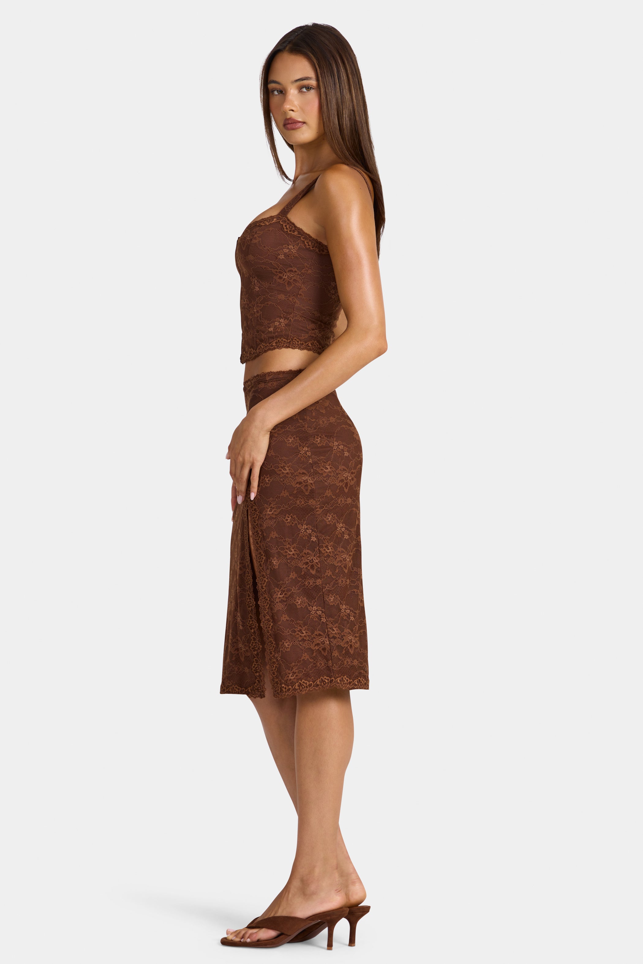 Lace Low-Rise Midi Skirt in Cocoa Brown