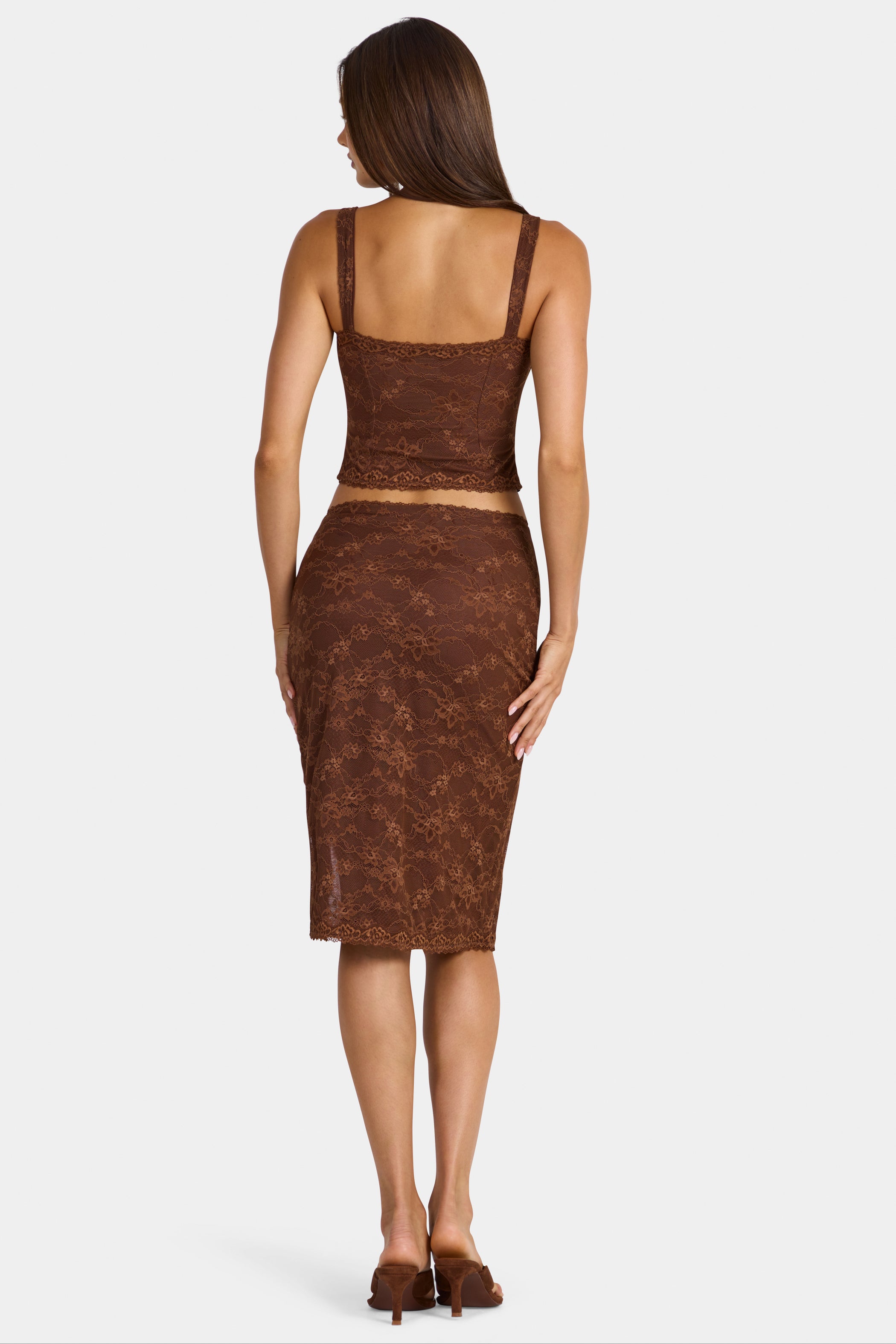 Lace Low-Rise Midi Skirt in Cocoa Brown