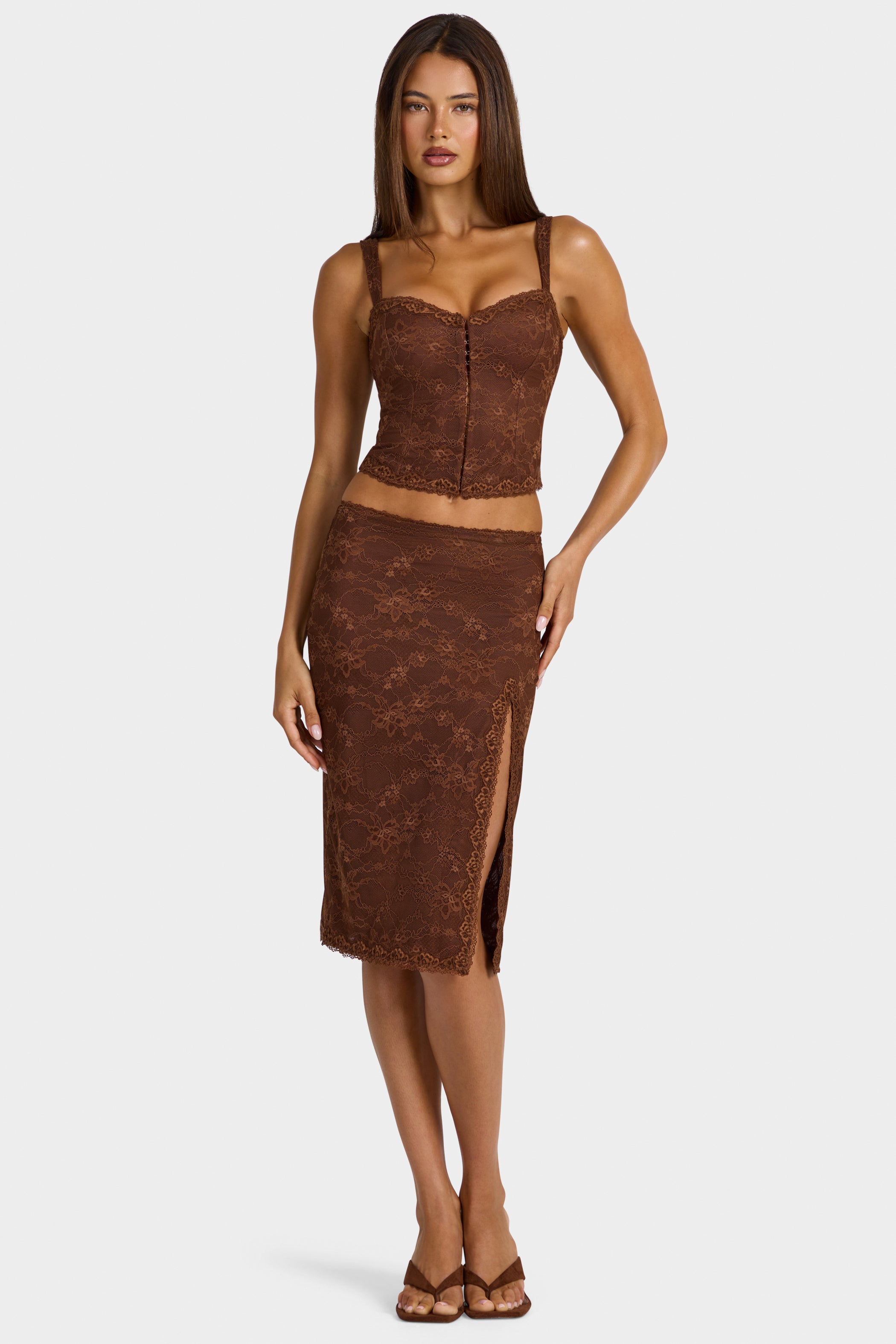 Lace Low-Rise Midi Skirt in Cocoa Brown