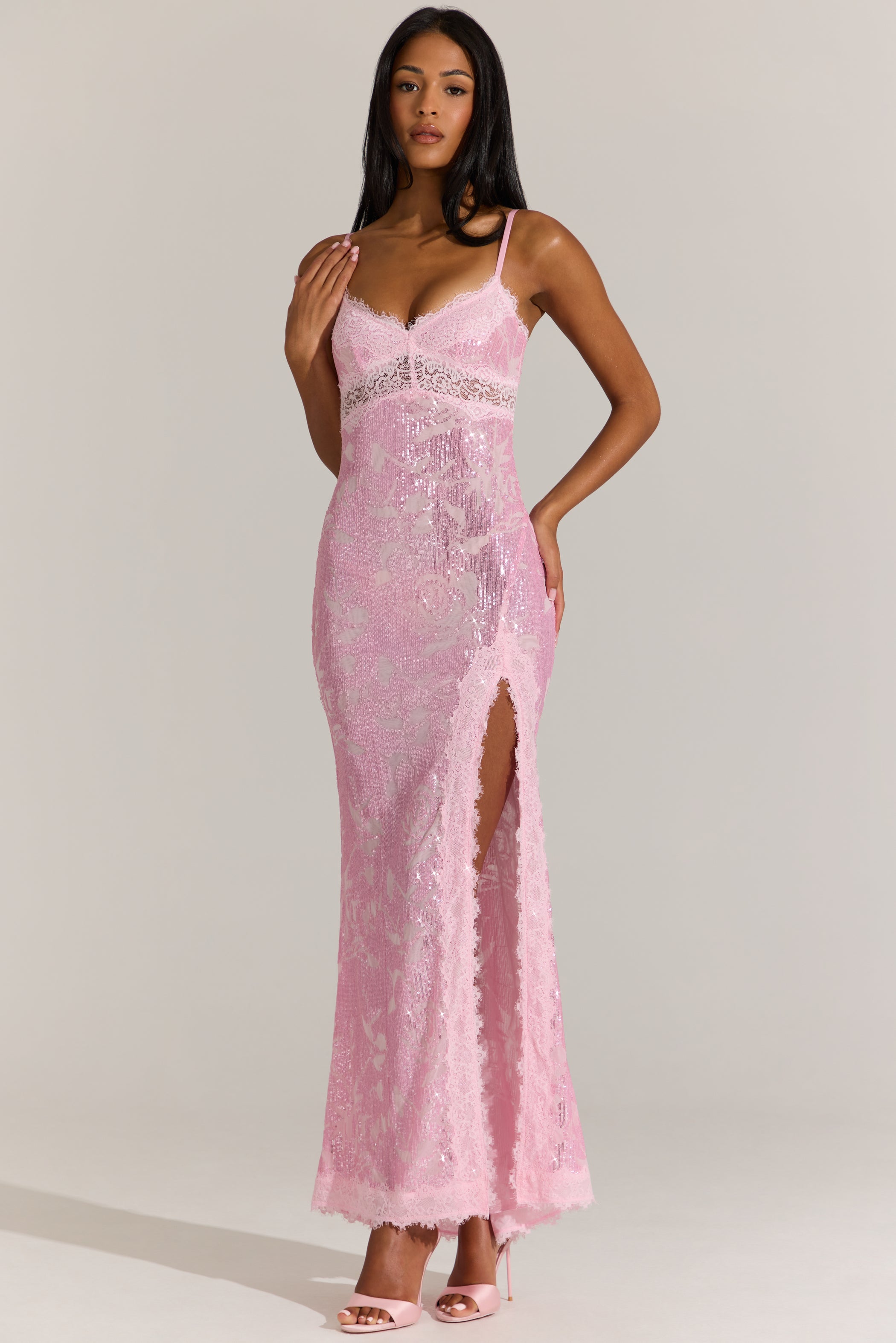 Embellished Lace-Trim Maxi Dress in Blossom Pink