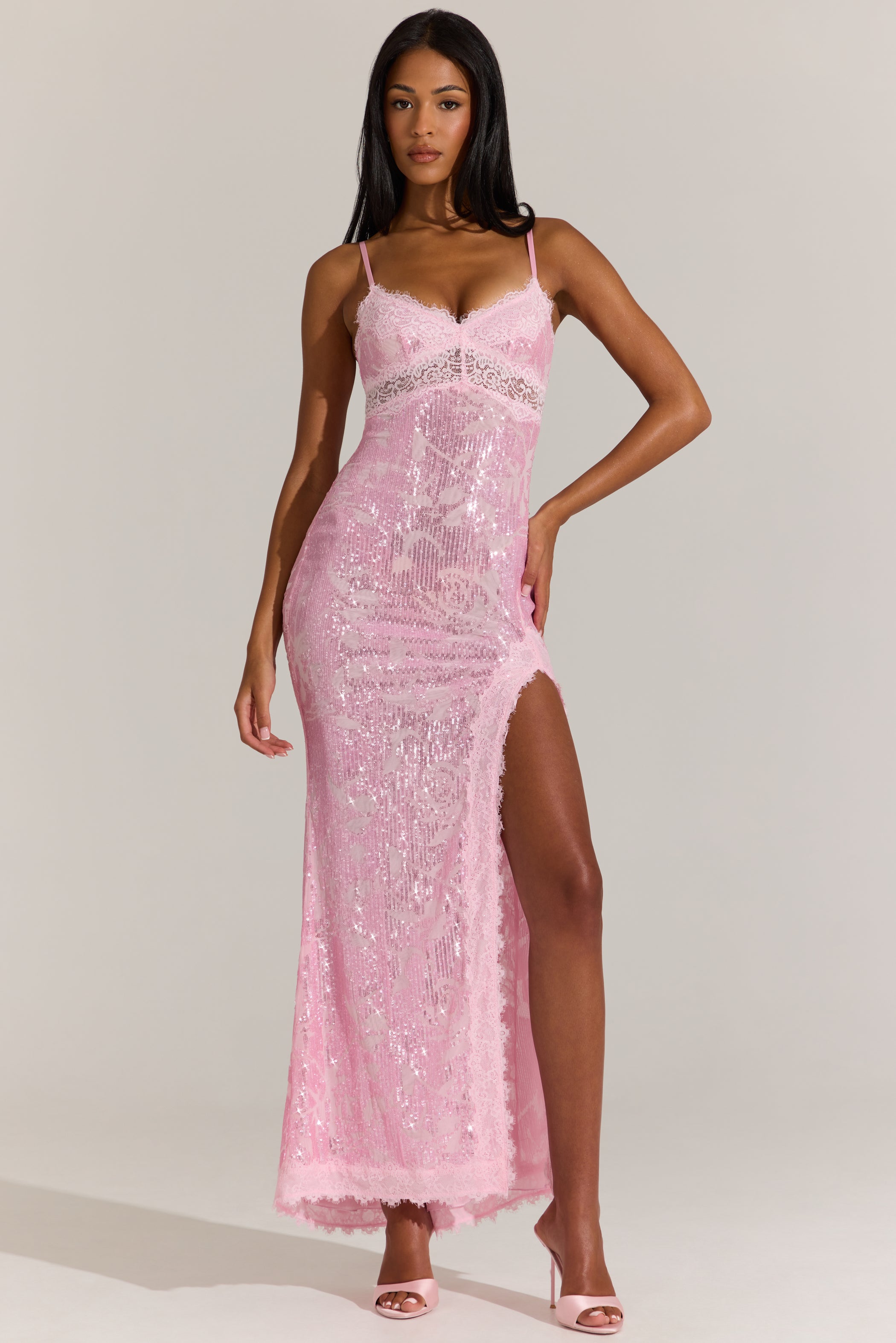 Embellished Lace-Trim Maxi Dress in Blossom Pink