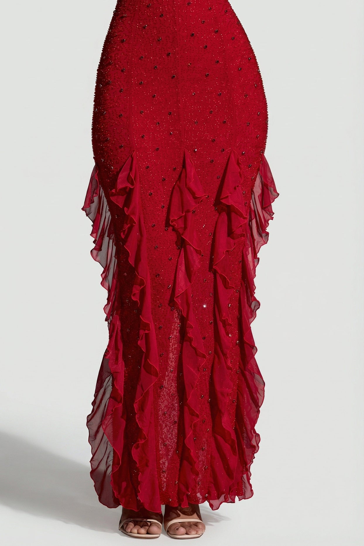 Embellished Halter Neck Ruffle Maxi Dress in Red - 4