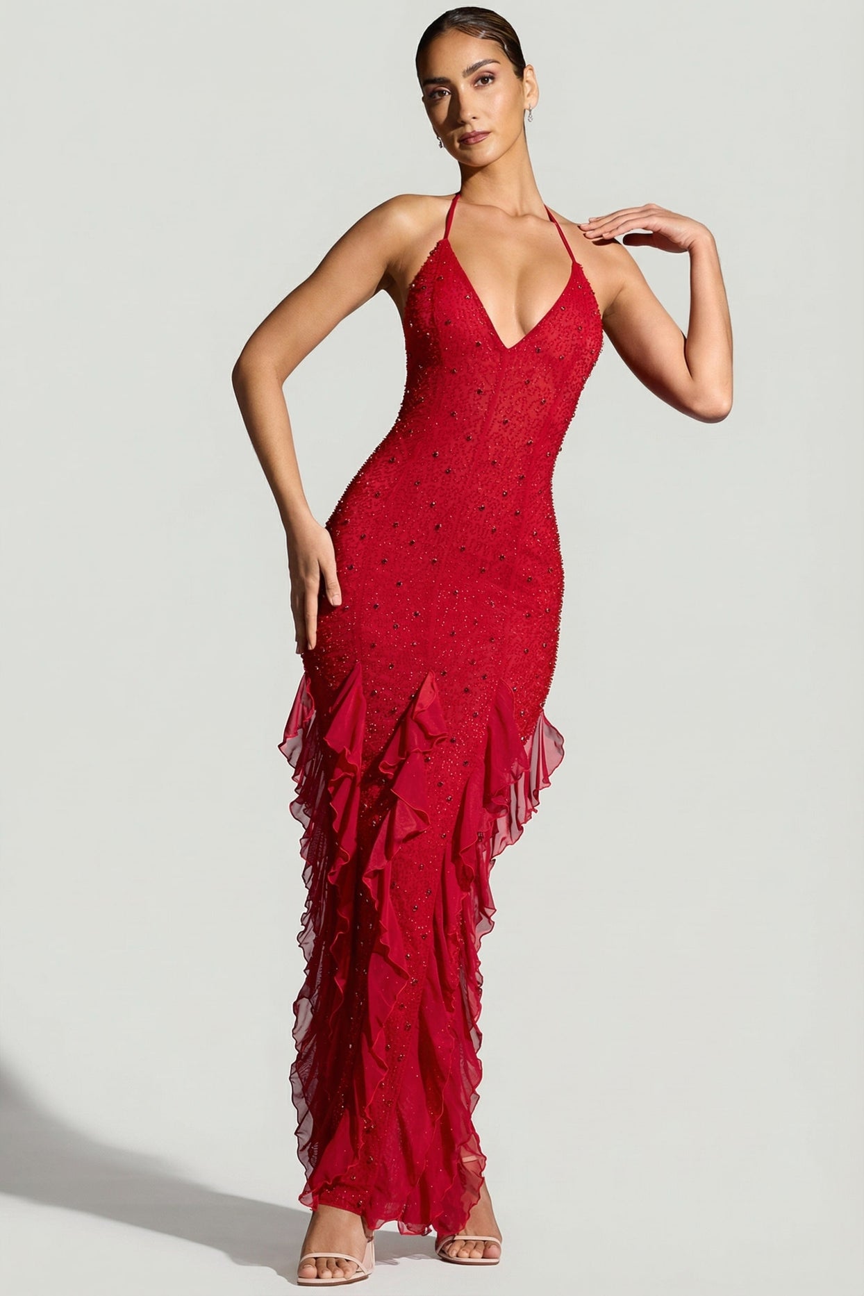embellished halter neck ruffle maxi dress in red Anley Embellished Halter Neck Ruffle Maxi Dress in Red