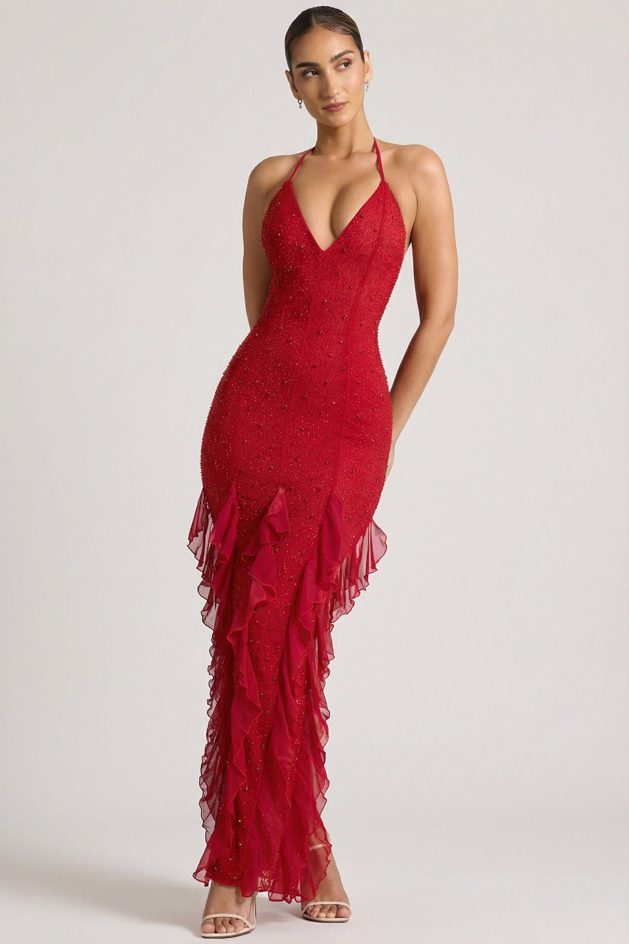 Embellished Halter Neck Ruffle Maxi Dress in Red - 8