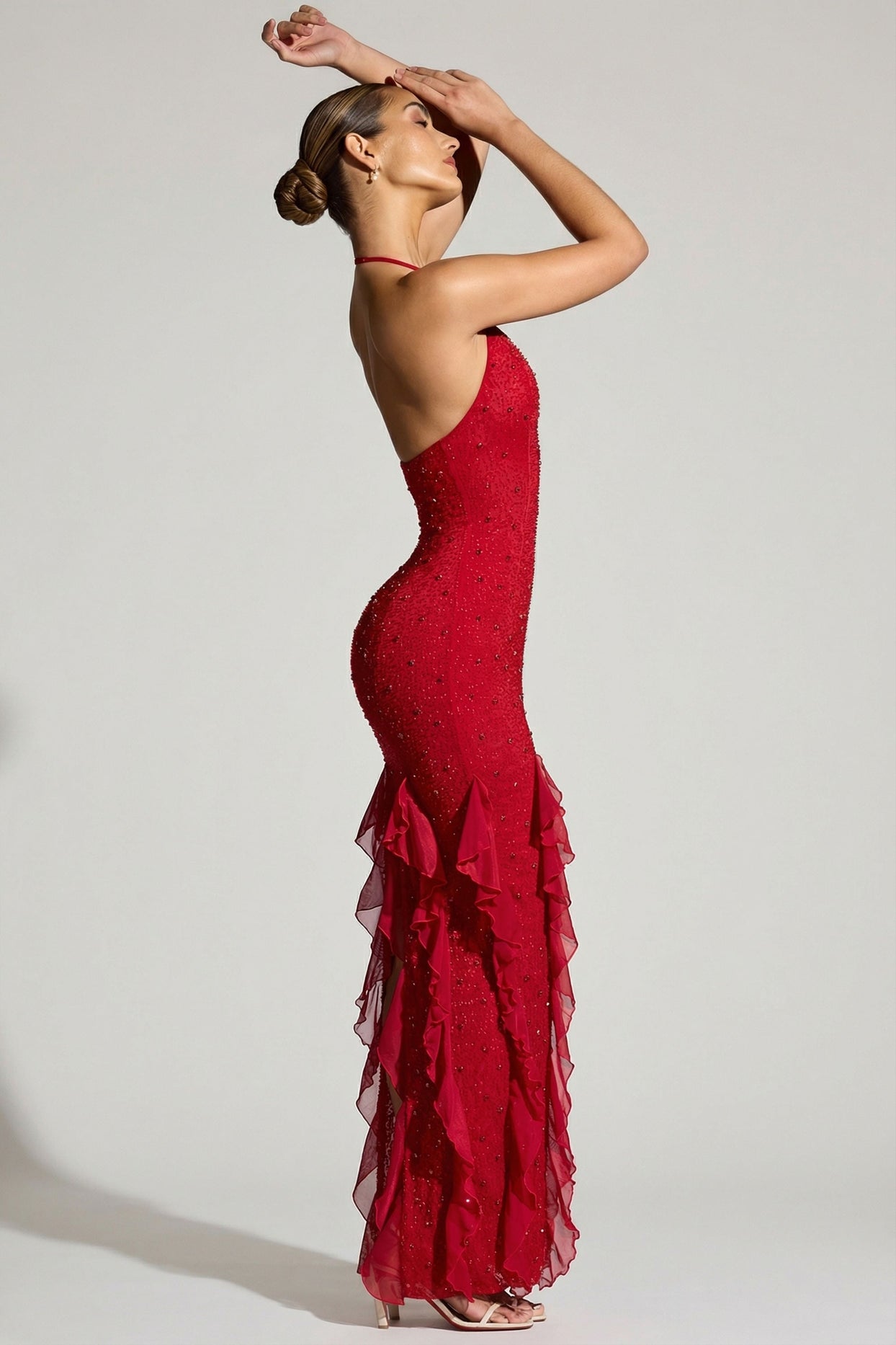 Embellished Halter Neck Ruffle Maxi Dress in Red - 5