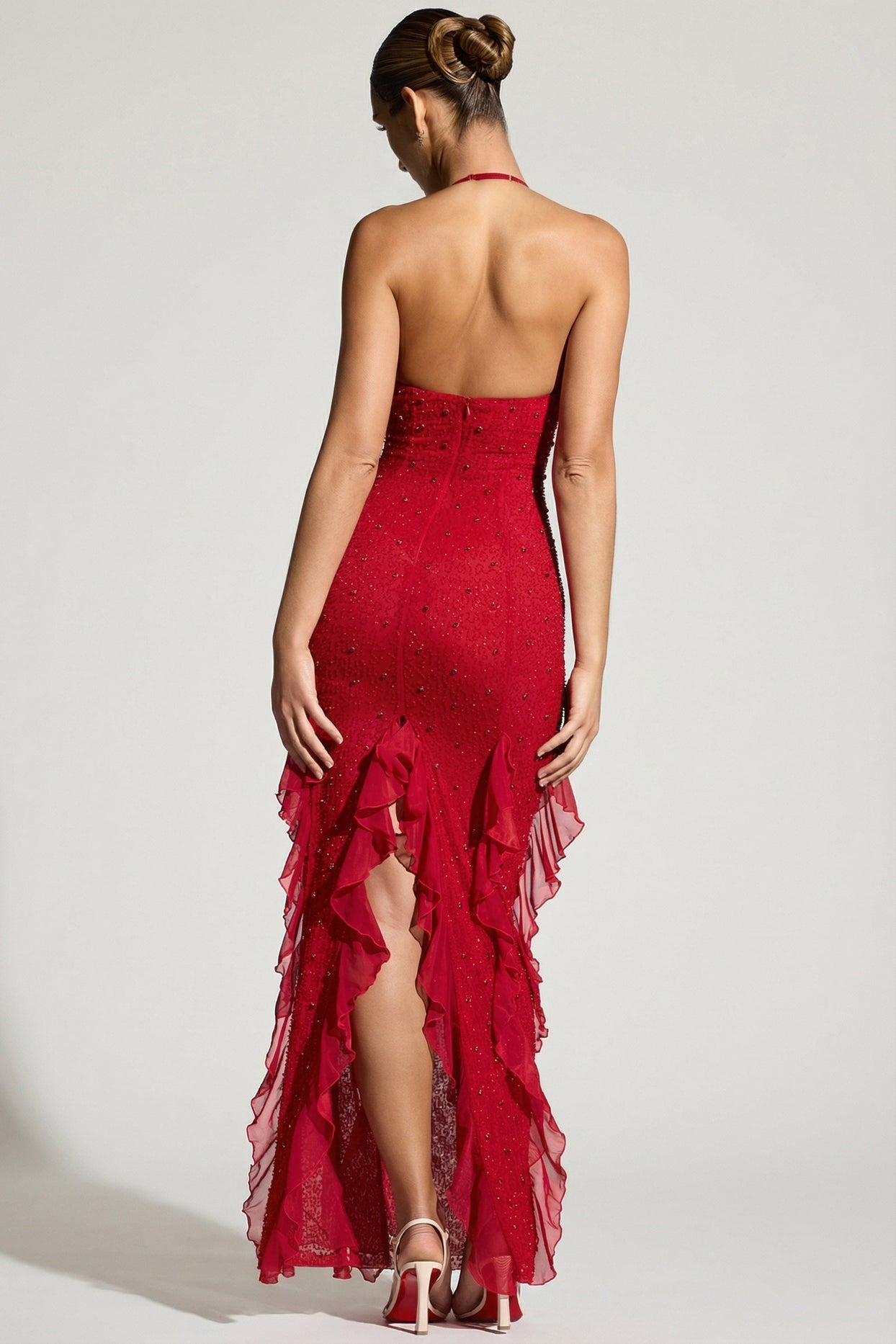 Embellished Halter Neck Ruffle Maxi Dress in Red - 2
