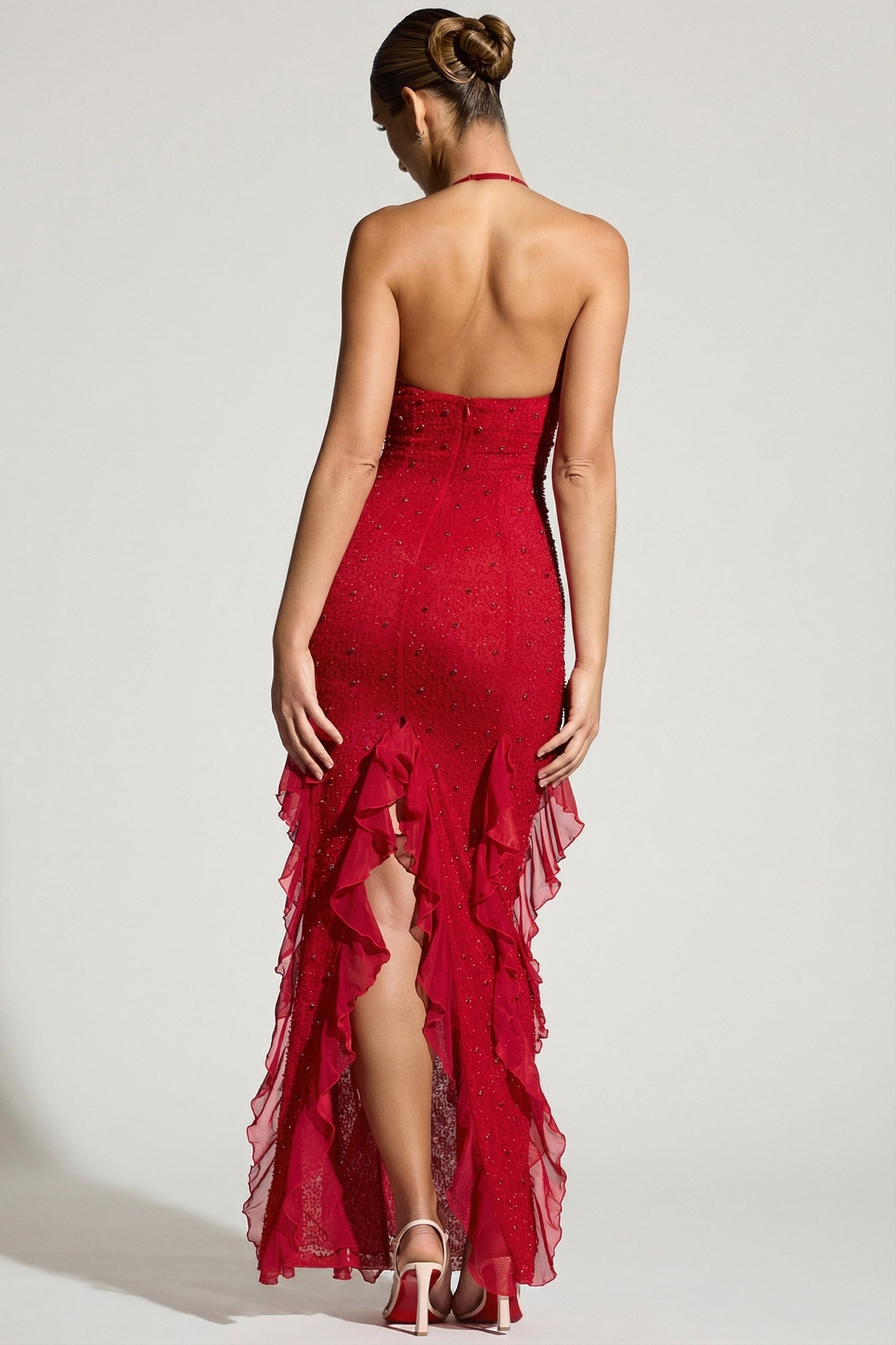 Embellished Halter Neck Ruffle Maxi Dress in Red - 2