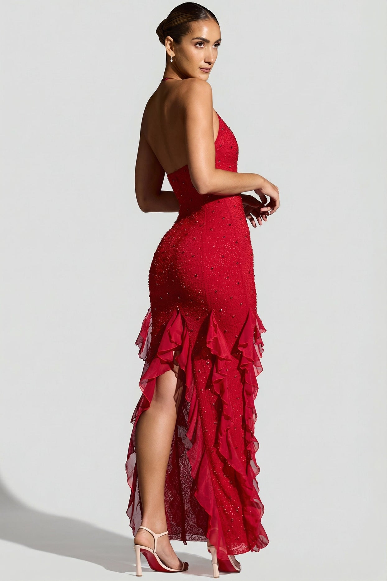 Embellished Halter Neck Ruffle Maxi Dress in Red - 3