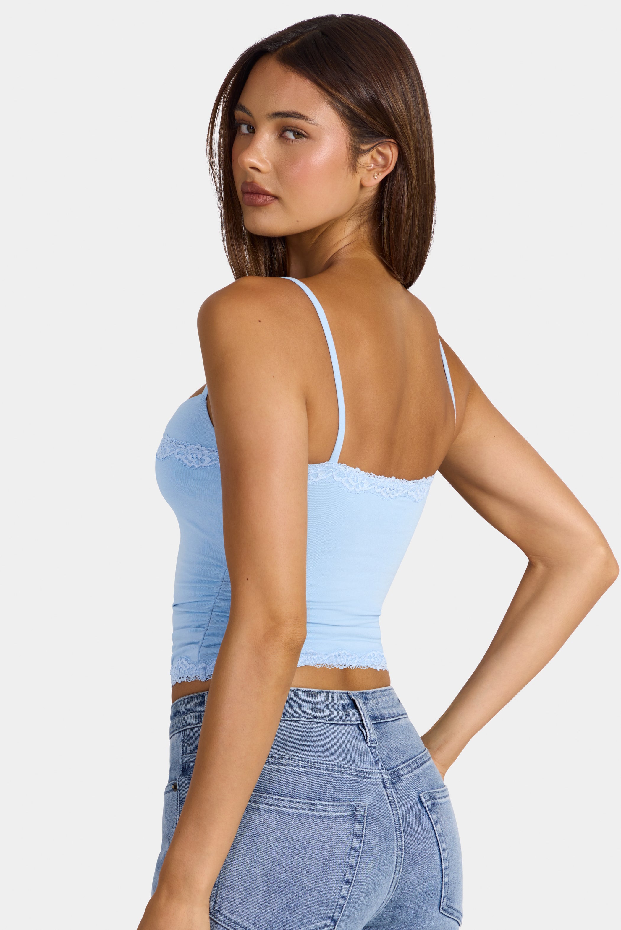 Modal Lace-Trim Peekaboo Tank Top in Arctic Blue
