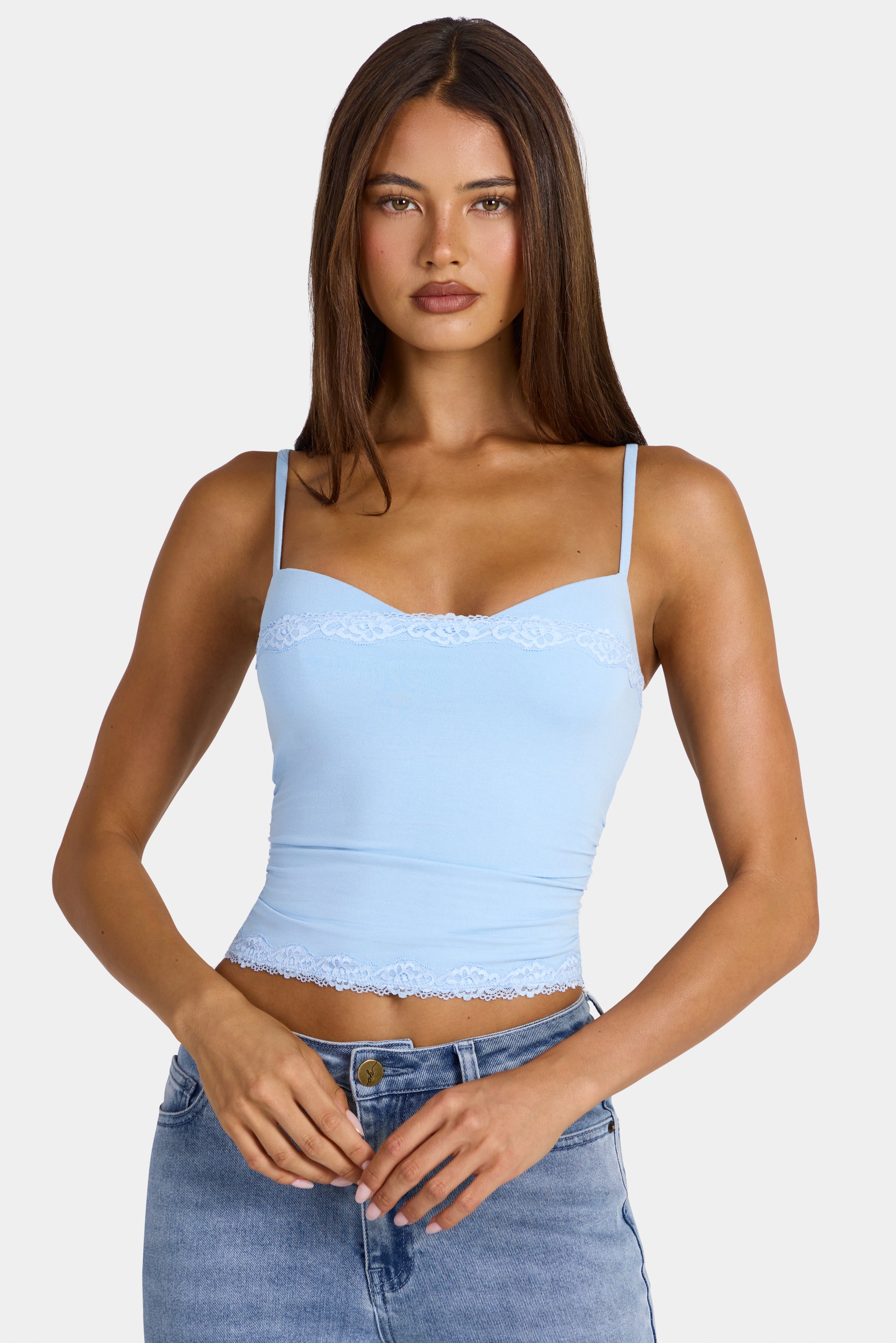Modal Lace-Trim Peekaboo Tank Top in Arctic Blue