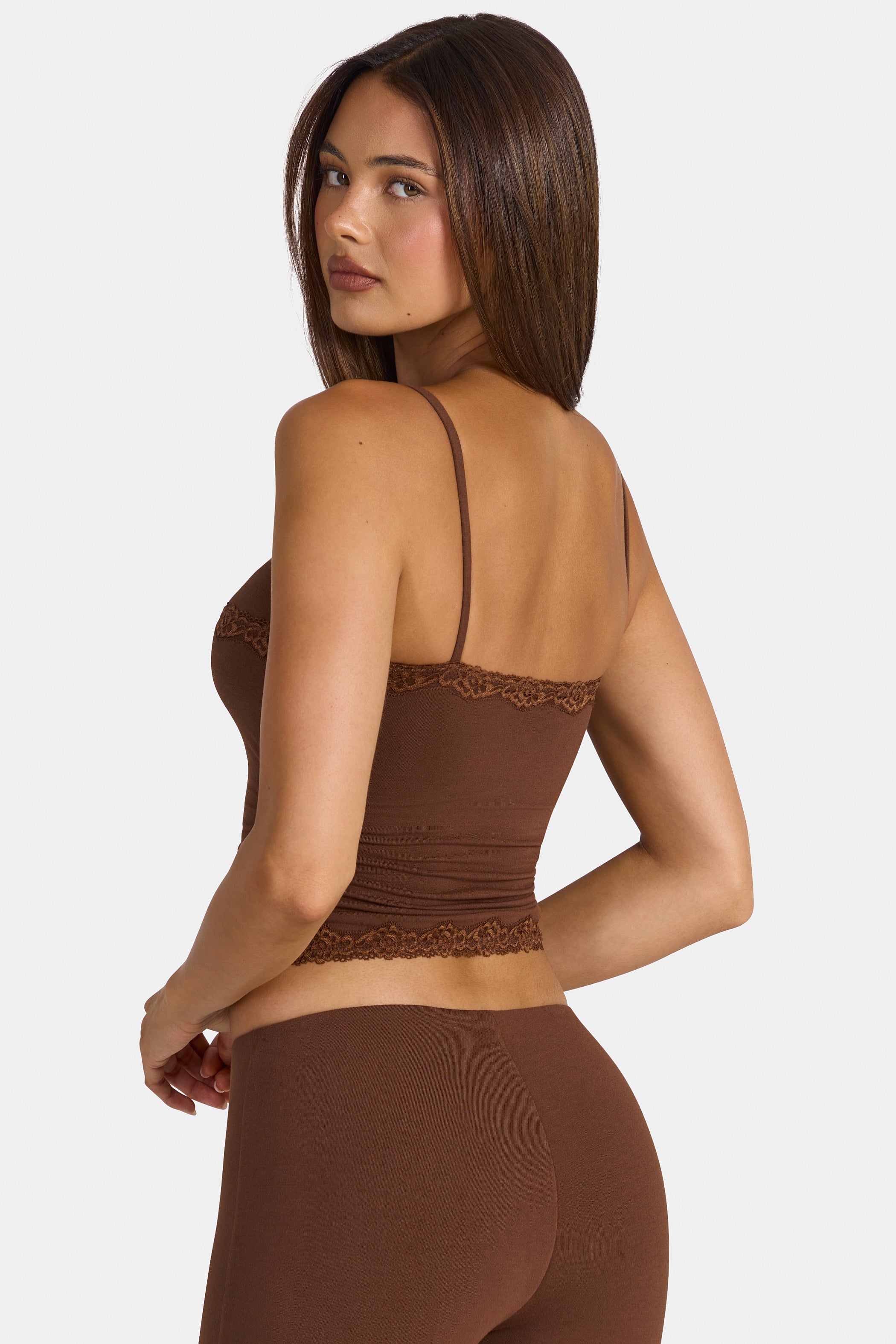 Modal Lace-Trim Peekaboo Tank Top in Cocoa Brown