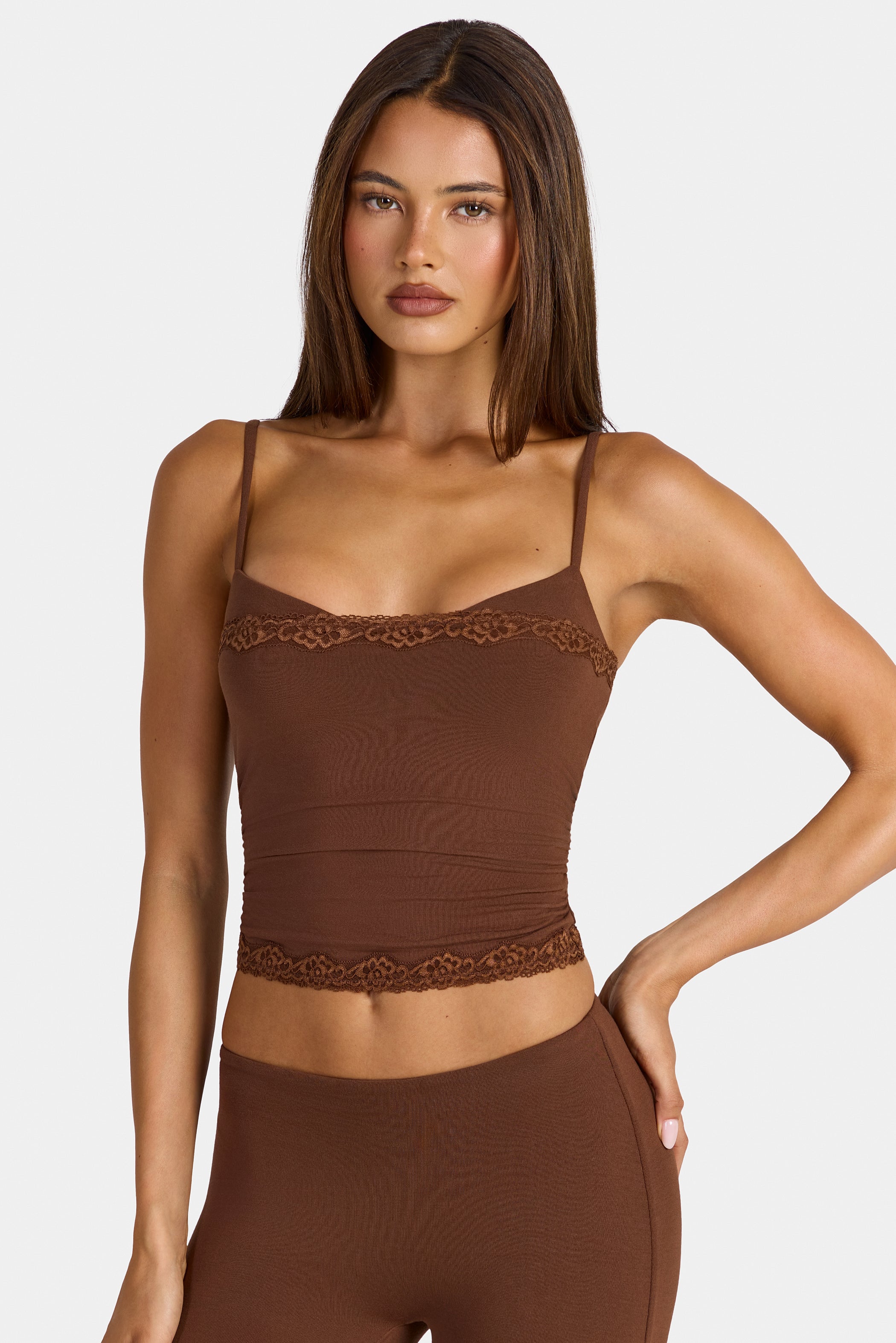 Modal Lace-Trim Peekaboo Tank Top in Cocoa Brown