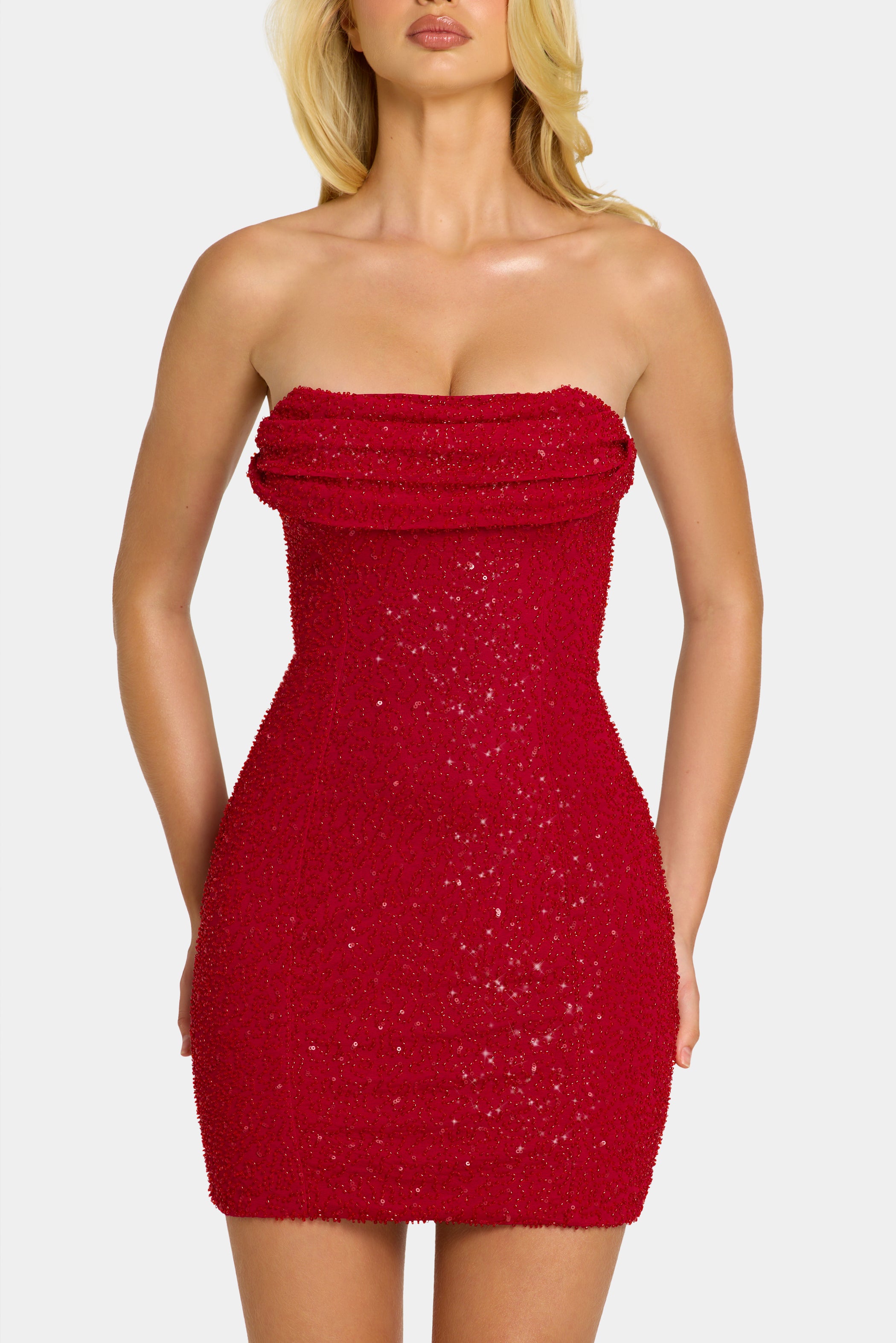Embellished Strapless Cowl-Neck Mini Dress in Rouge