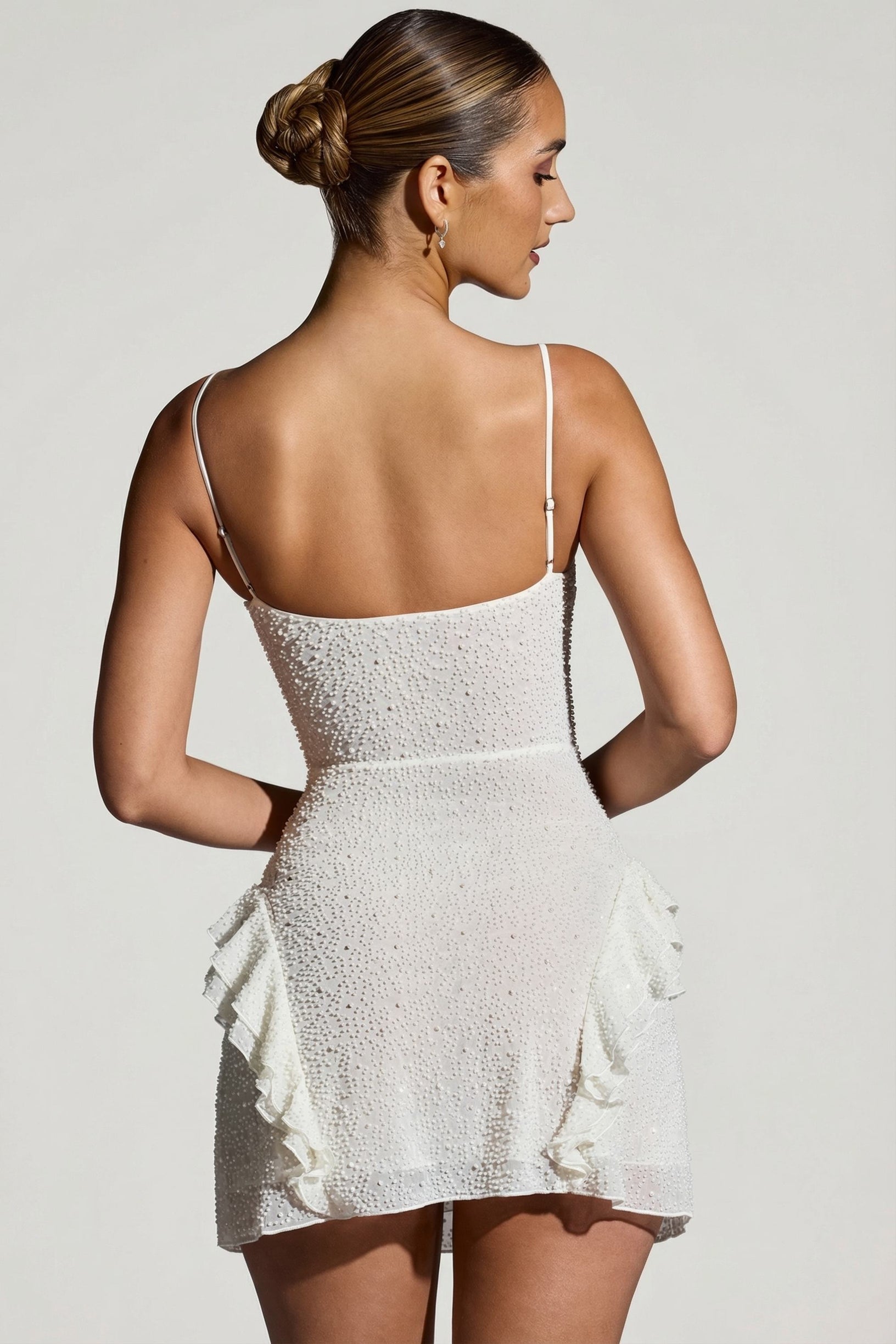 Embellished Frill Mini Dress in White - 2