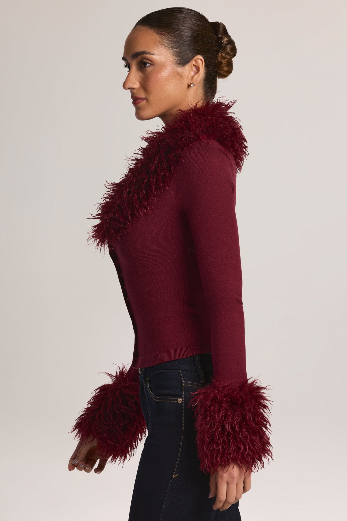 Mongolian Fur-Trim Cardigan in Wine