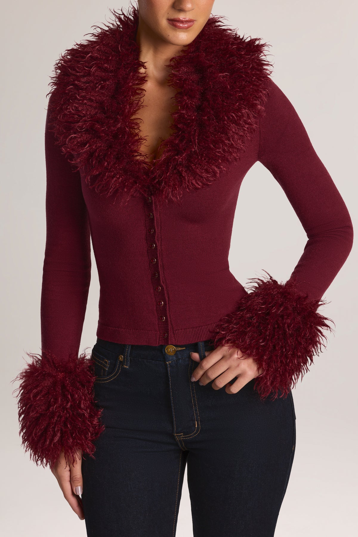 Mongolian Fur-Trim Cardigan in Wine