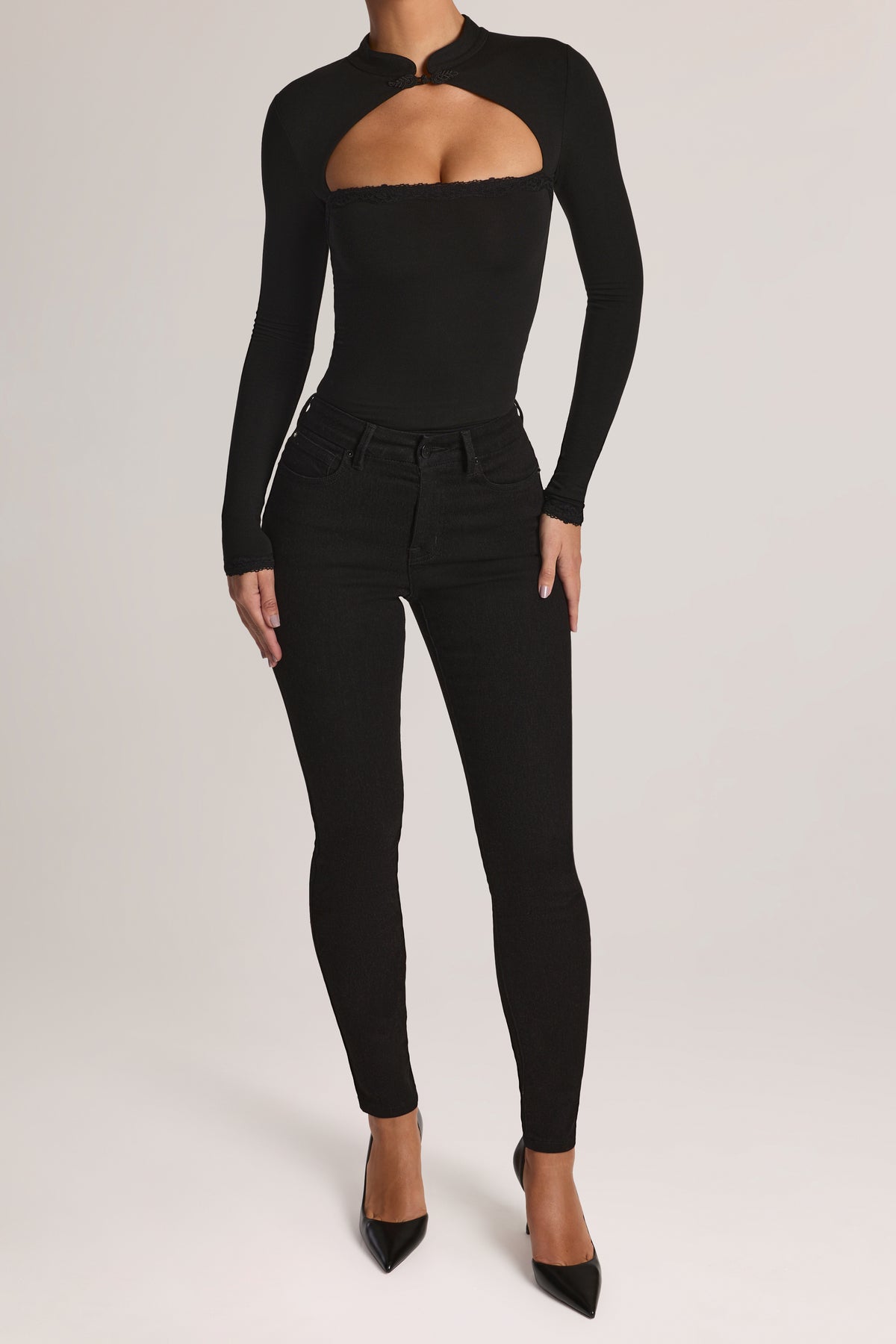 Modal Lace-Trim Long-Sleeve Top in Black