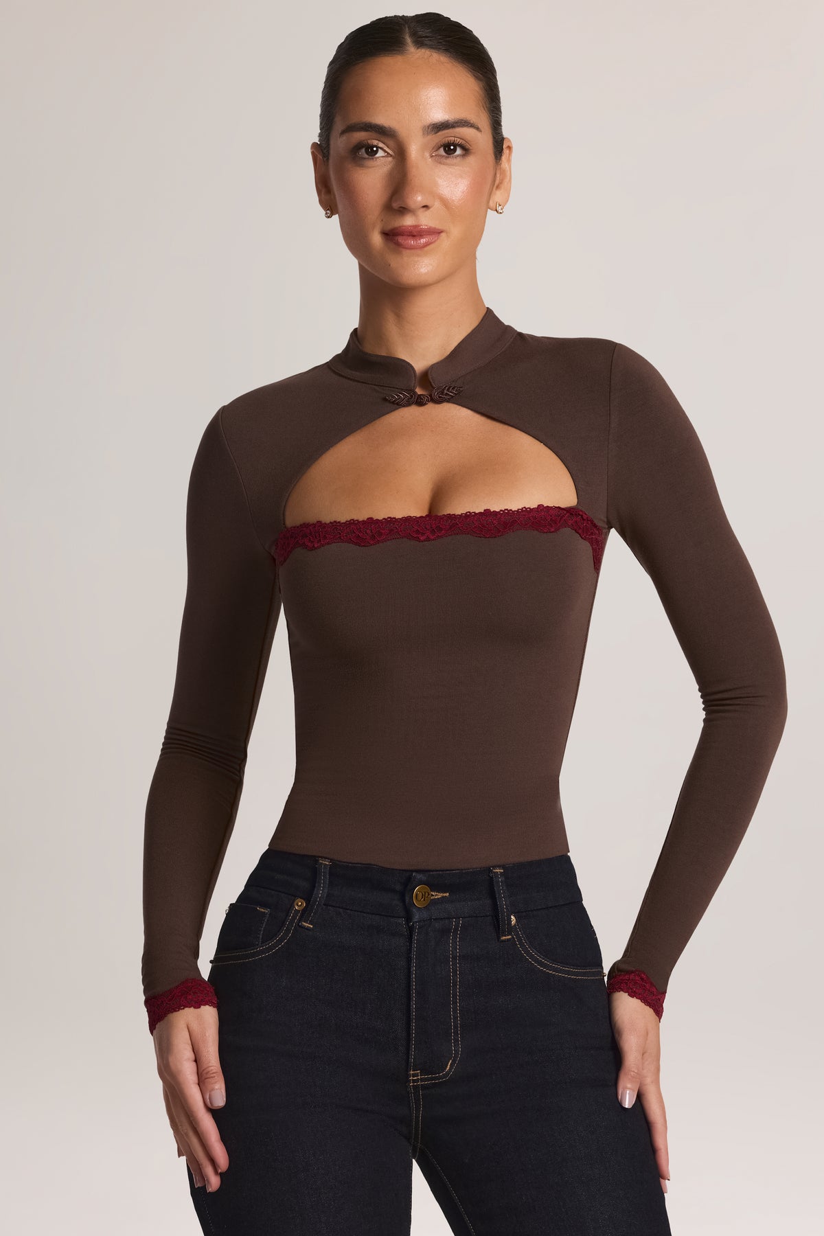 Modal Lace-Trim Long-Sleeve Top in Chocolate Brown