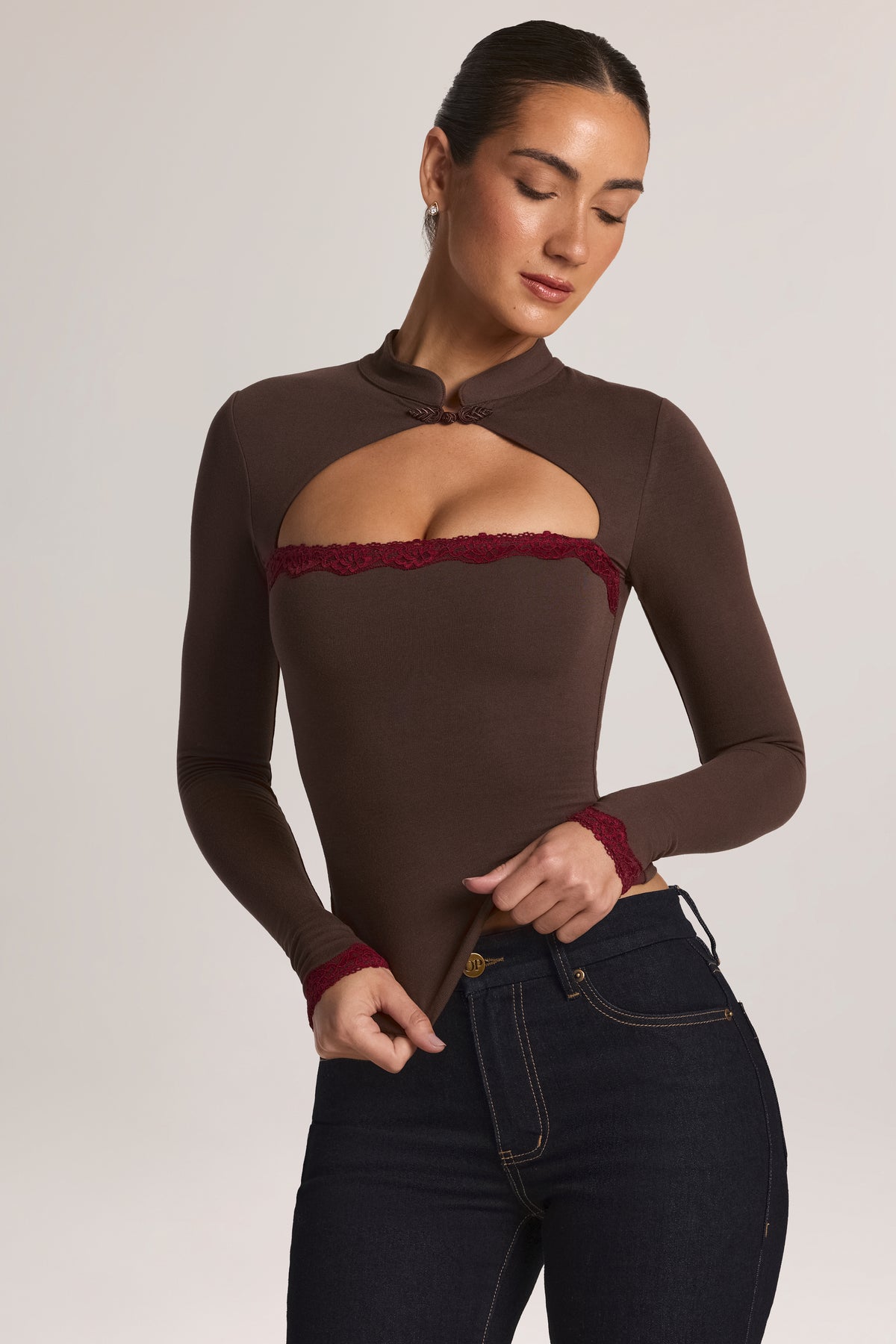 Modal Lace-Trim Long-Sleeve Top in Chocolate Brown