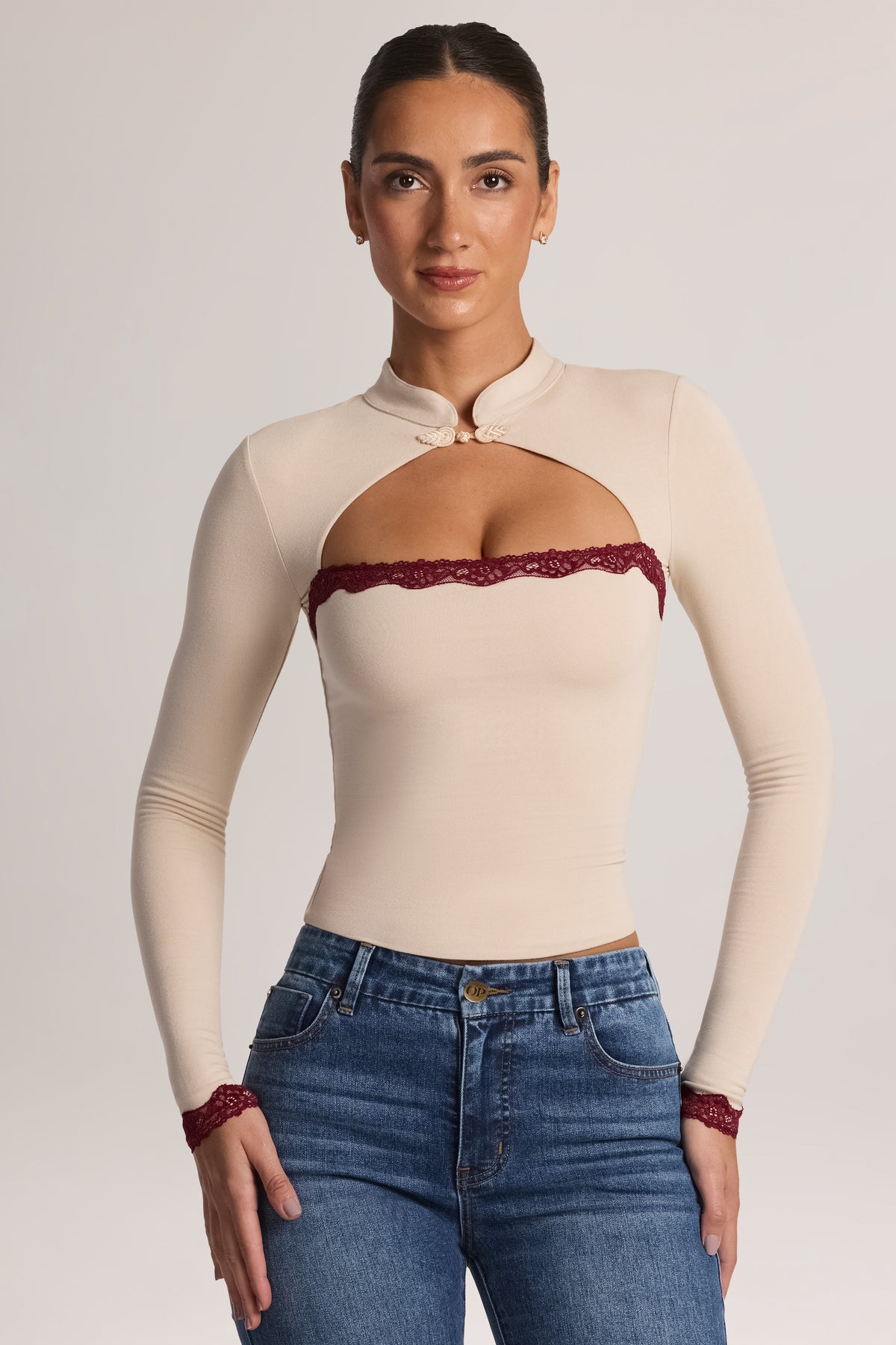 Modal Lace-Trim Long-Sleeve Top in Oat