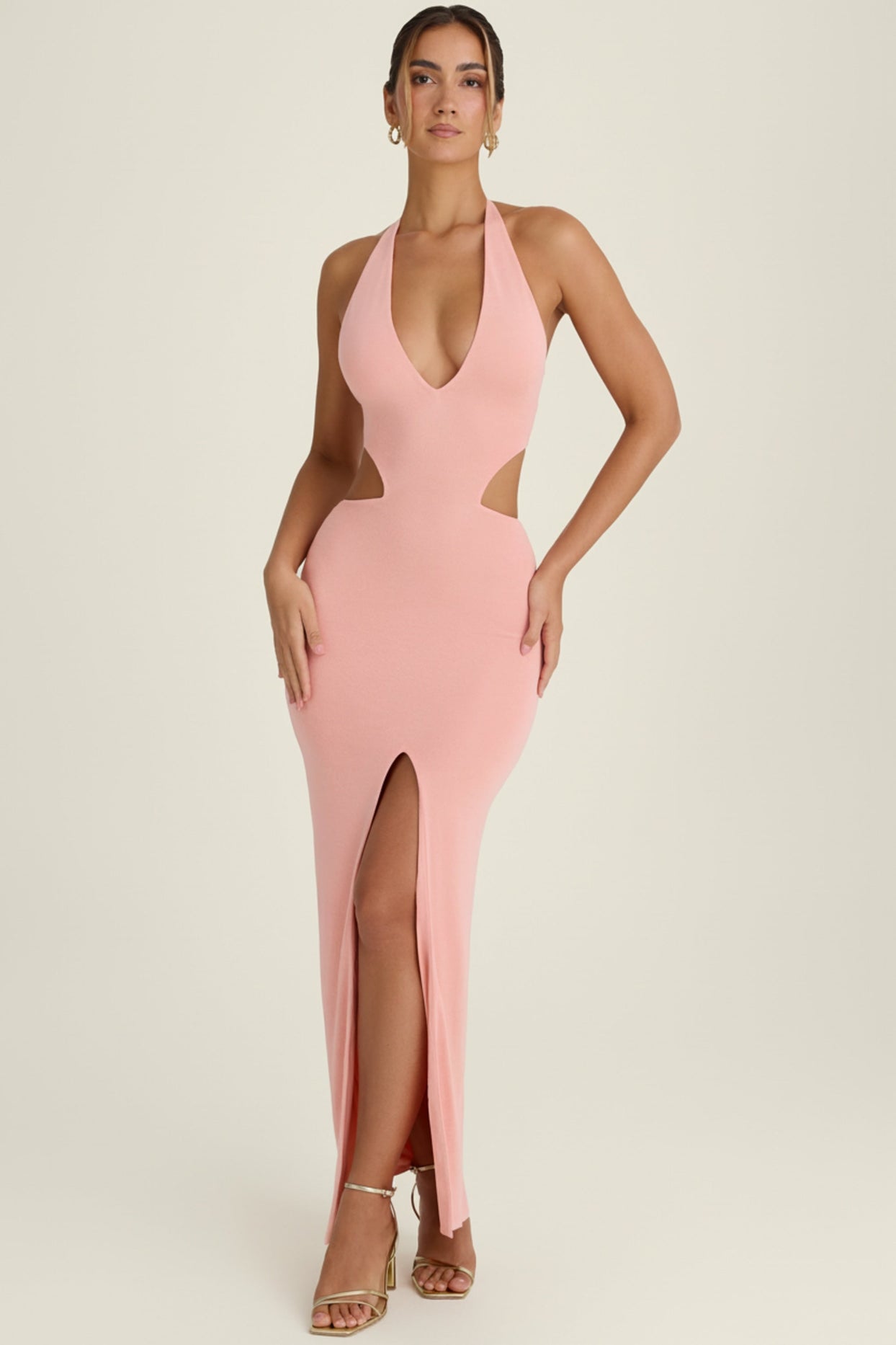 cut-out halterneck maxi dress in apricot pink Calantha Cut-Out Halterneck Maxi Dress in Apricot Pink