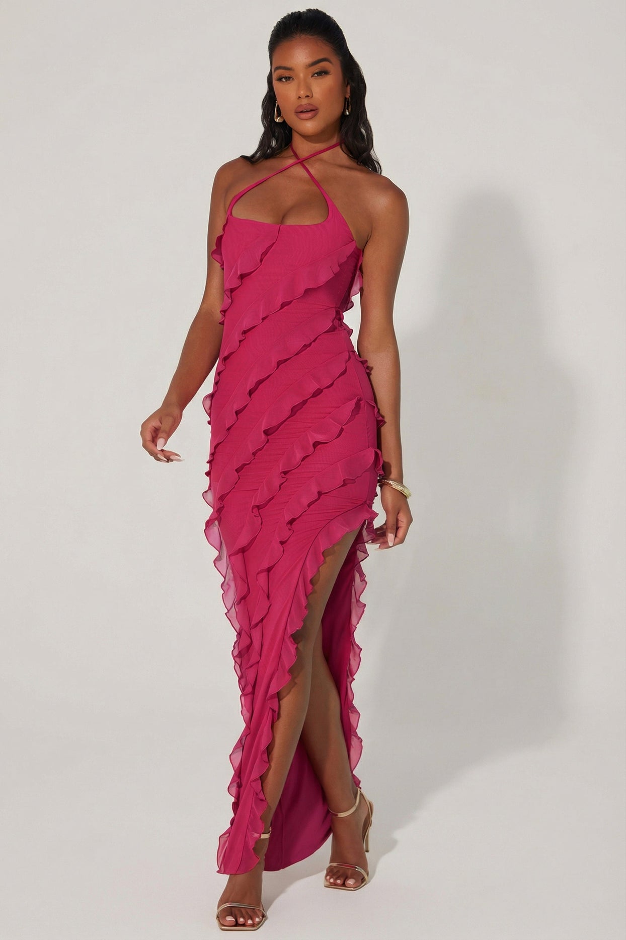 Cross Strap Ruffle Floor Length Dress in Fuchsia - 4
