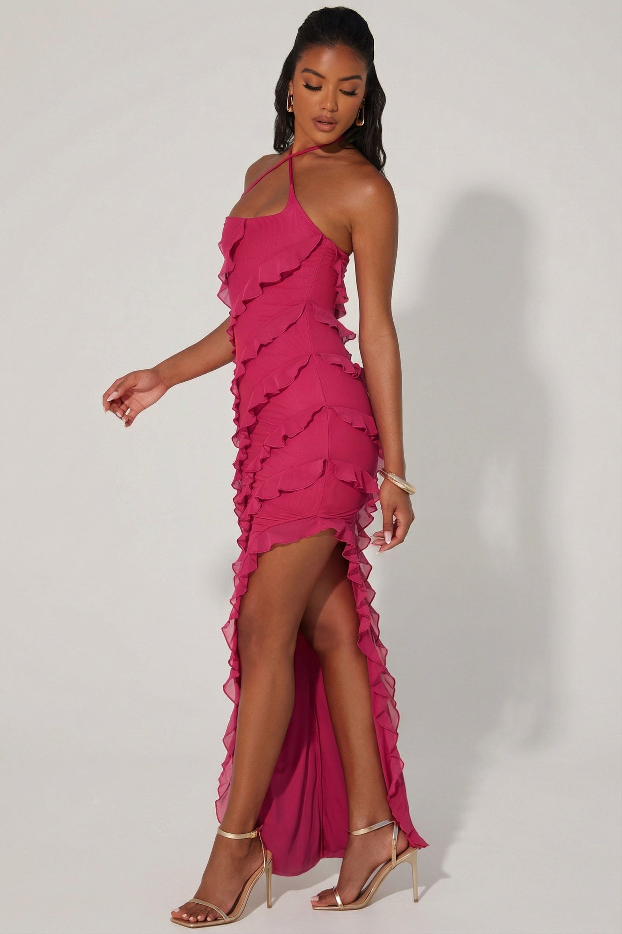 Cross Strap Ruffle Floor Length Dress in Fuchsia - 3