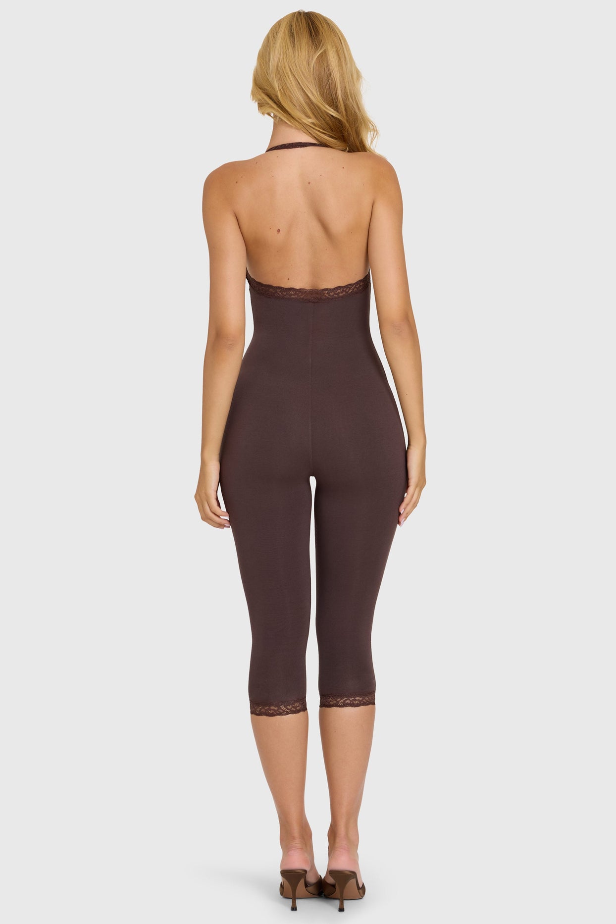 Modal Lace-Trim Capri Jumpsuit in Chocolate - 6