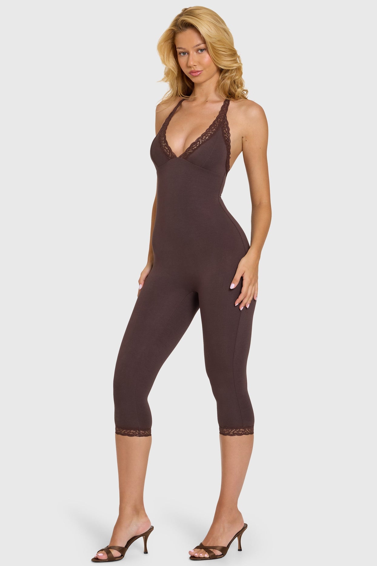 Modal Lace-Trim Capri Jumpsuit in Chocolate - 7