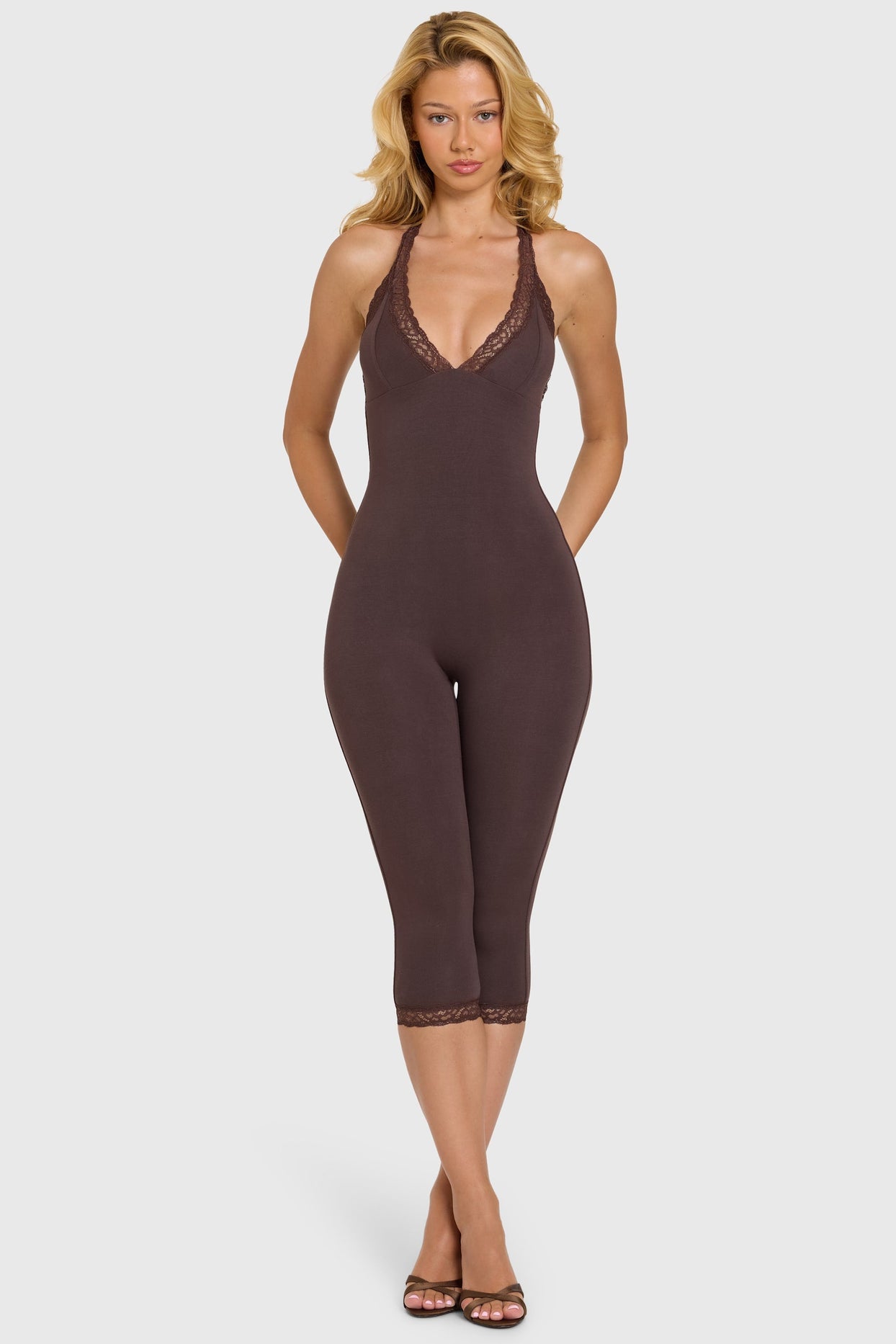 Modal Lace-Trim Capri Jumpsuit in Chocolate - 5