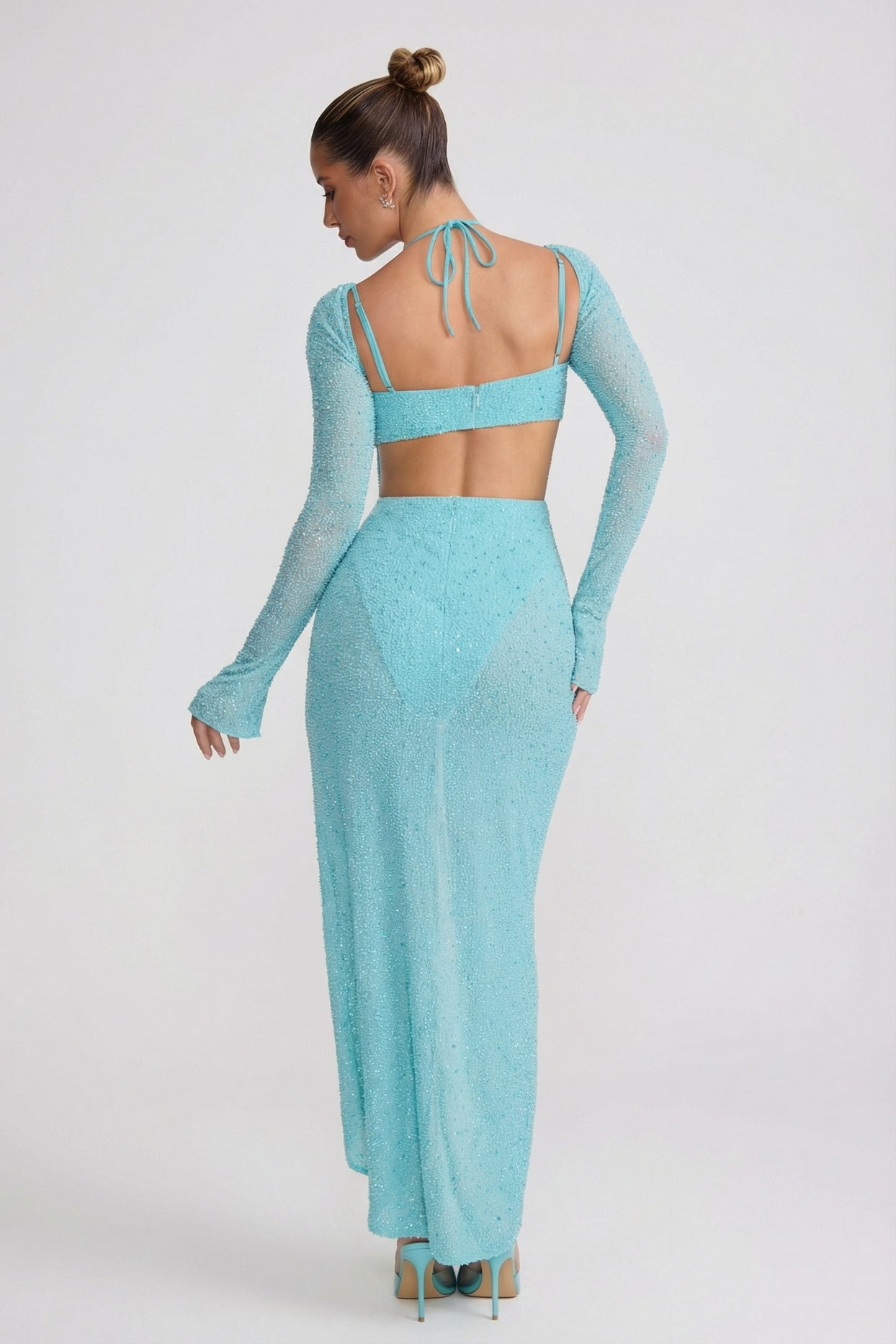 Embellished Cowl Neck Maxi Dress in Aquamarine - 8