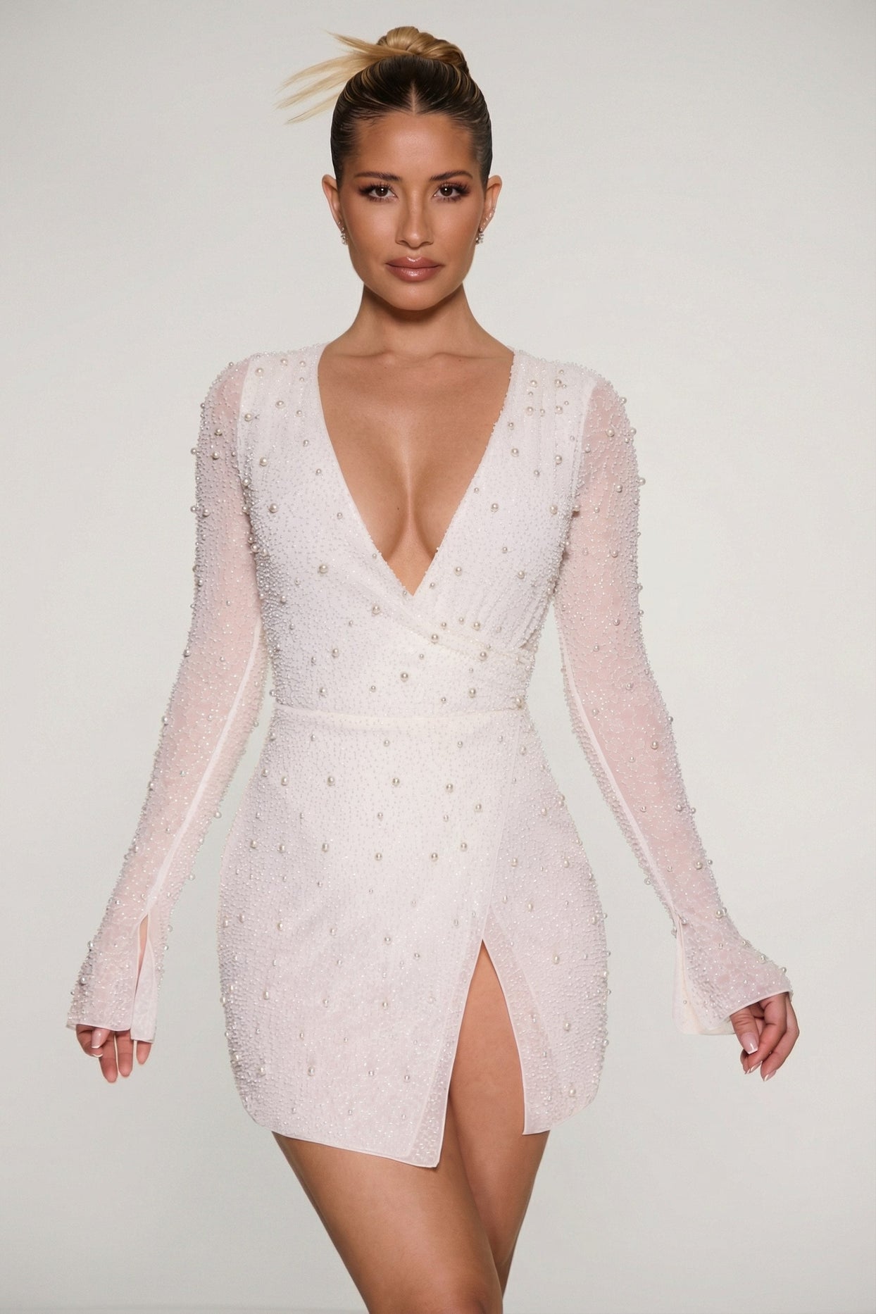 Embellished Wrap Over A-Line Mini Dress in Ivory - 3