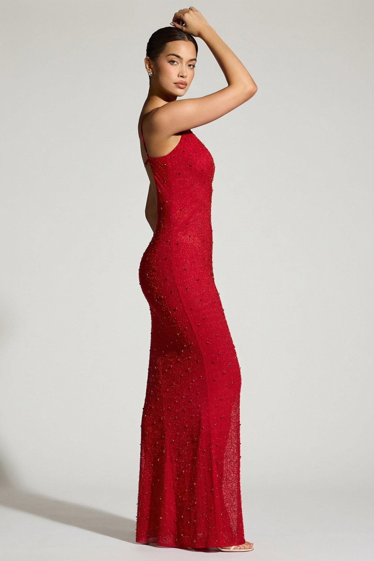 Embellished Plunge Neck Evening Gown in Red - 4