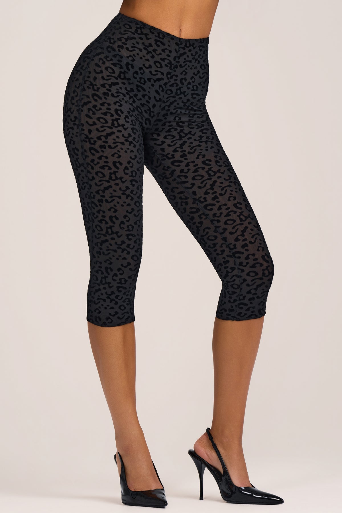 Flocked Leopard Mesh Capri Trousers in Black - 1