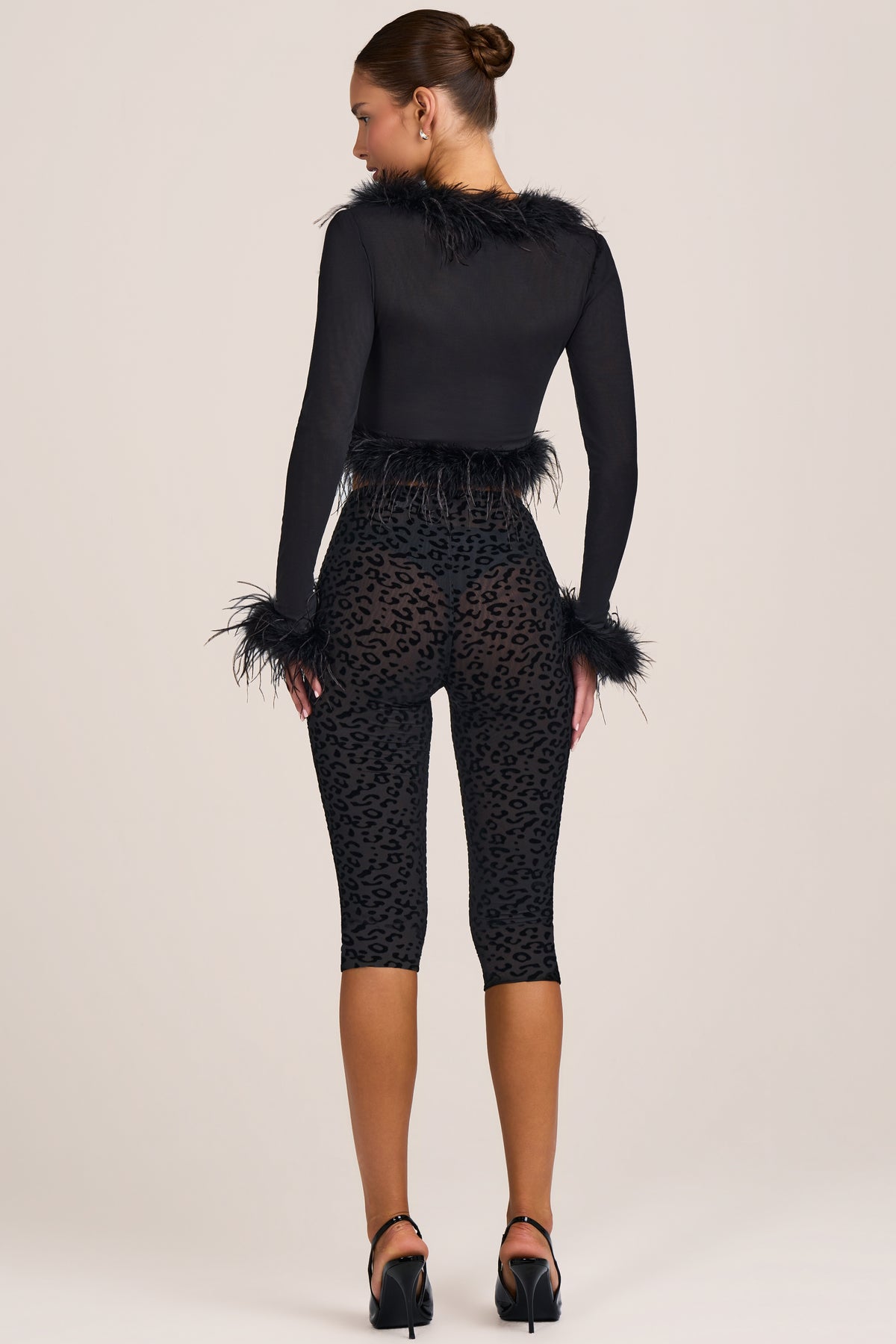 Flocked Leopard Mesh Capri Trousers in Black - 2