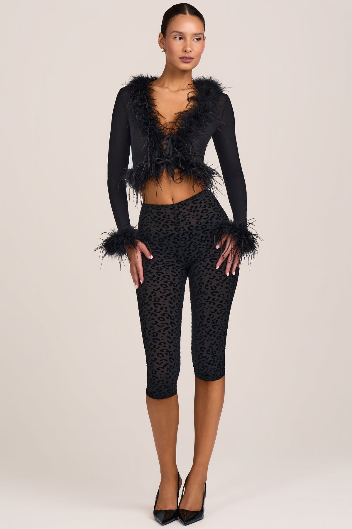Flocked Leopard Mesh Capri Trousers in Black