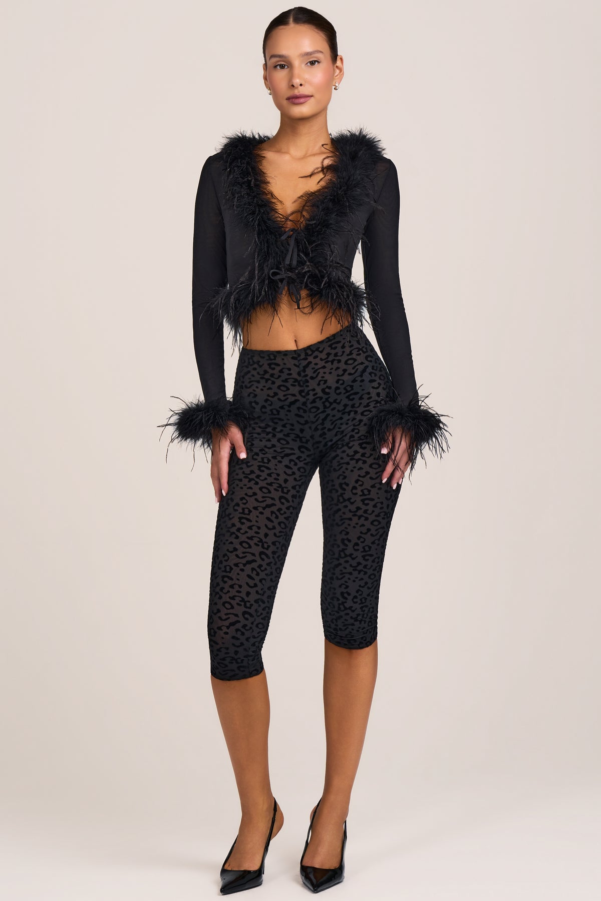Flocked Leopard Mesh Capri Trousers in Black