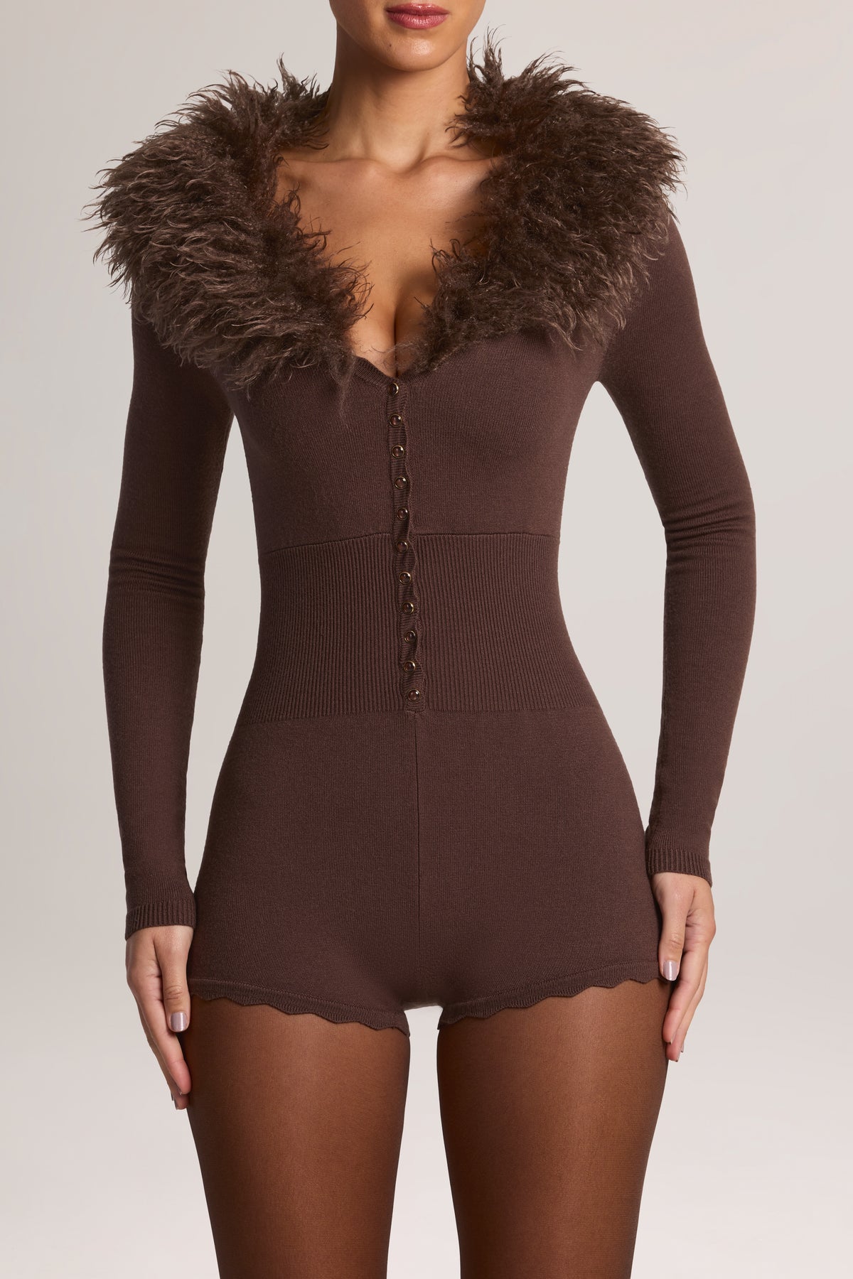 Mongolian Fur-Trim Romper in Chocolate Brown